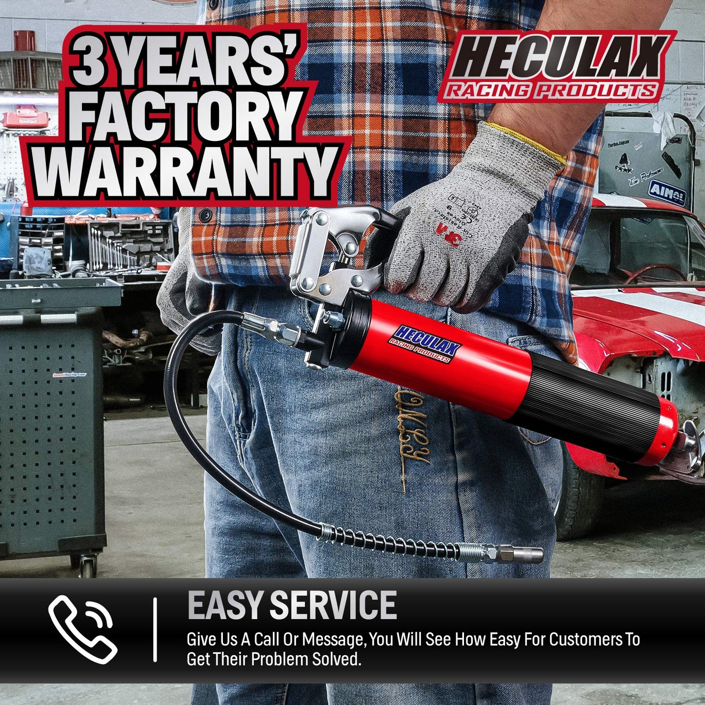 Heavy Duty Pistol Grip Grease Gun with Nozzle - 18 inch Heavy Duty Reinforced Flex Hose
