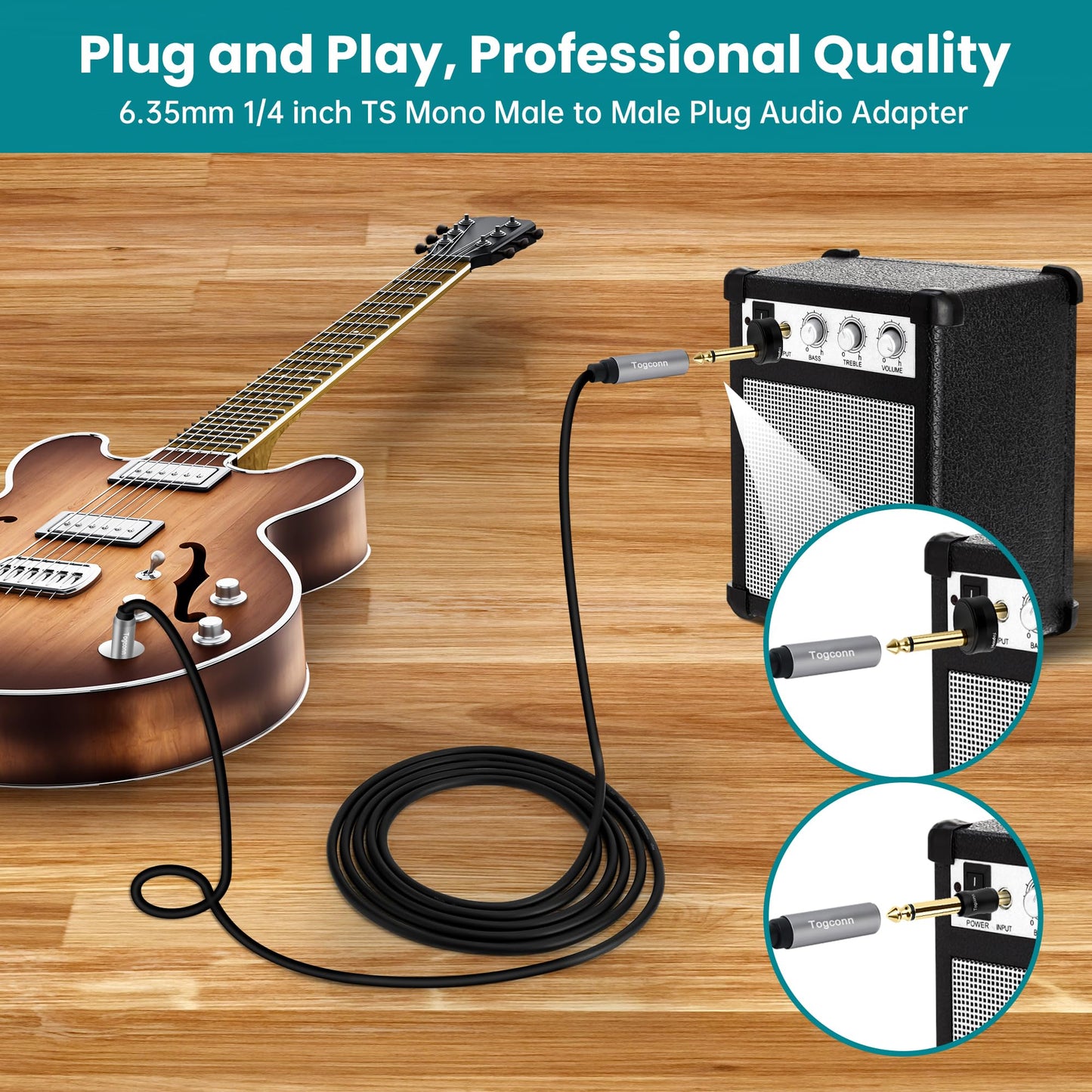 Togconn Gold-Plated Guitar Pedal Effects Patch Connector Coupler 10 Pack，6.35mm to 6.35mm Adapter, Angle 1/4 Quarter Inch TS Mono Male to Male Jack Plug, Audio Converter Premium Quality Series