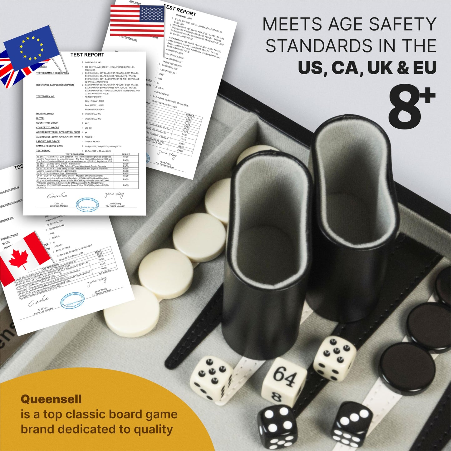 Backgammon Sets for Adults – 15-Inch Black PU Leather Board Game Set – Classic 2-Player Travel Backgammon Set with 32 Playing Pieces, Dice, and Cups