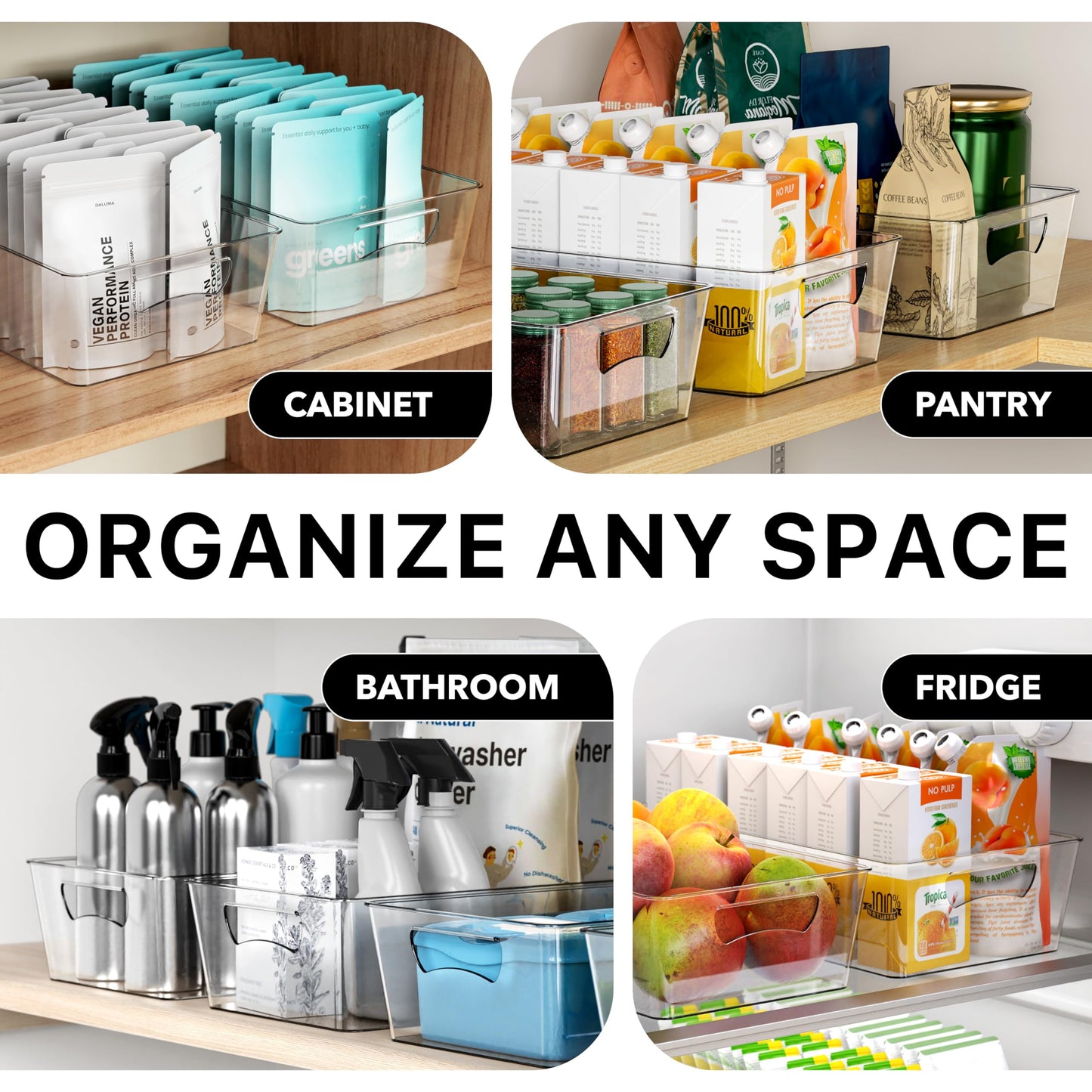 Simple Houseware Clear Storage Plastic Bin Organizer for Kitchen, 15" x 8.4" x 3.75", XL Size, Set of 4