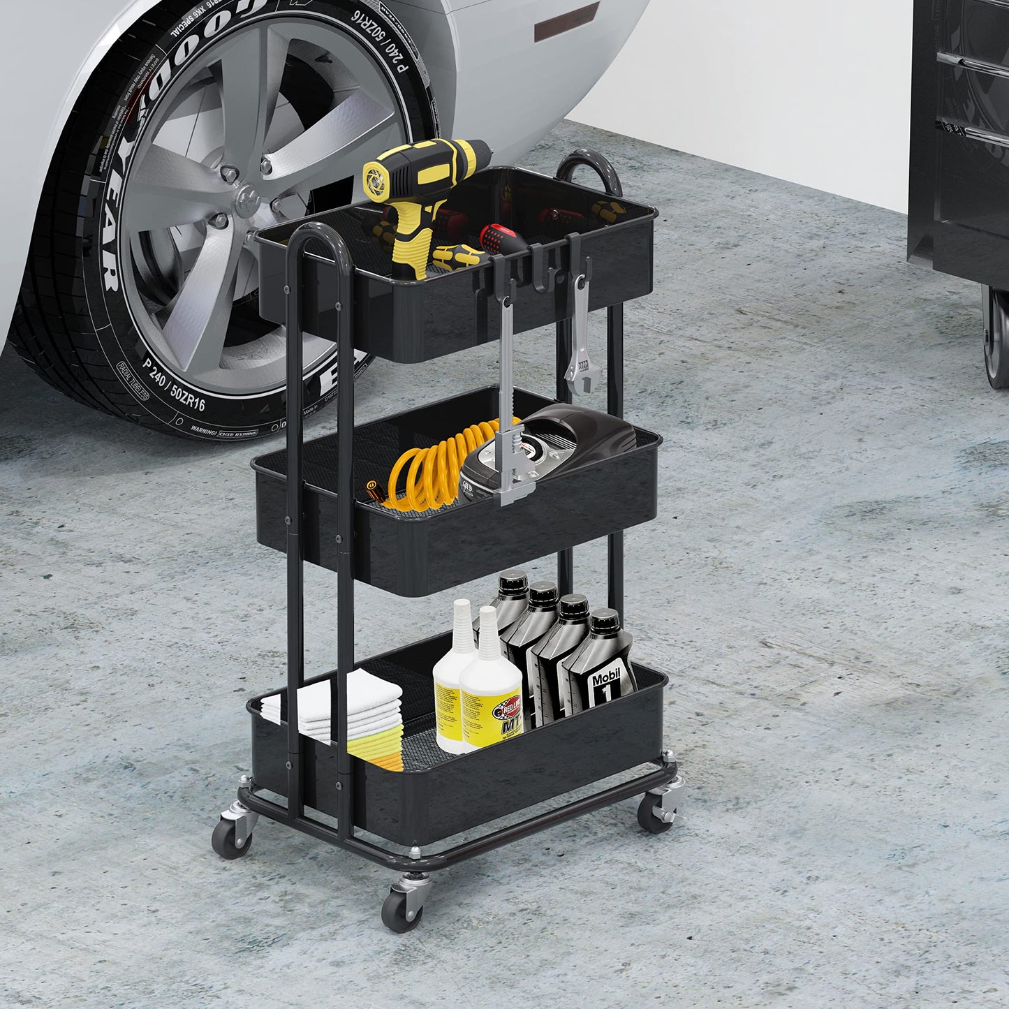 Simple Houseware 3-Tier Metal Kitchen Cart Utility Rolling Cart, Black