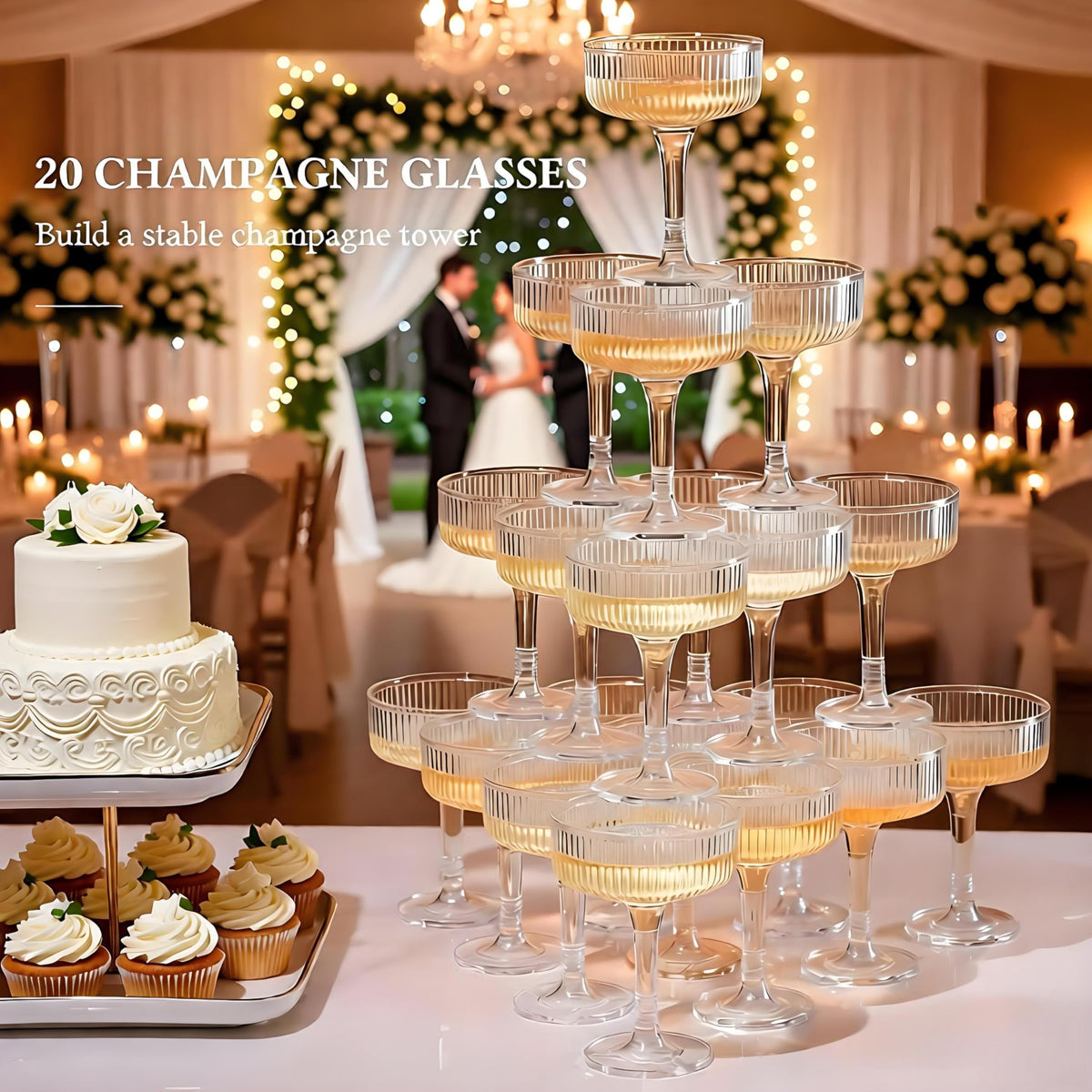 SOBECHOI 4-Tier Champagne Tower with 20 PCS 7oz Gold Glitter Plastic Flutes, Butterfly Shape Vertical Stripes Design - Shatterproof Reusable Toast Glasses for Weddings, Celebrations