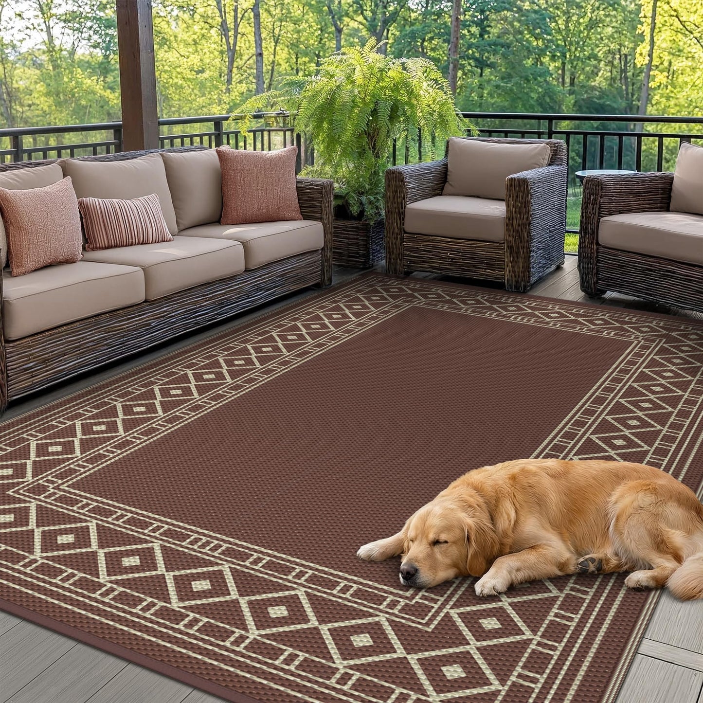 GENIMO 6'x9' Outdoor Rug for Patio, Reversible Plastic Waterproof RV Rugs, Clearance Large Mat, Porch, Camping, Picnic, Deck, Camper, Balcony, Coffee & Beige