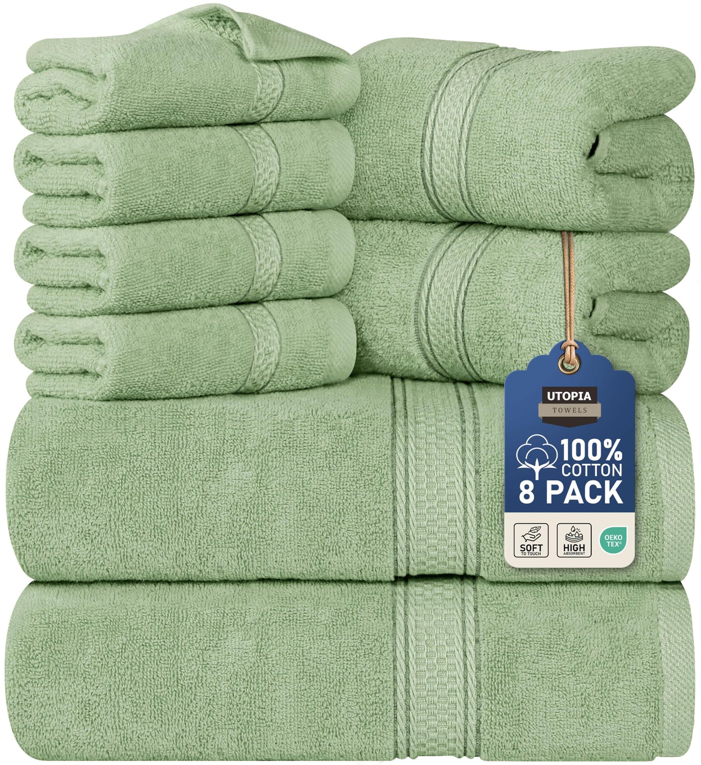 Utopia Towels 8-Piece Premium Towel Set, 2 Bath Towels, 2 Hand Towels, and 4 Wash Cloths, 600 GSM 100% Ring Spun Cotton Highly Absorbent Towels for Bathroom, Gym, Hotel, and Spa (Sage Green)