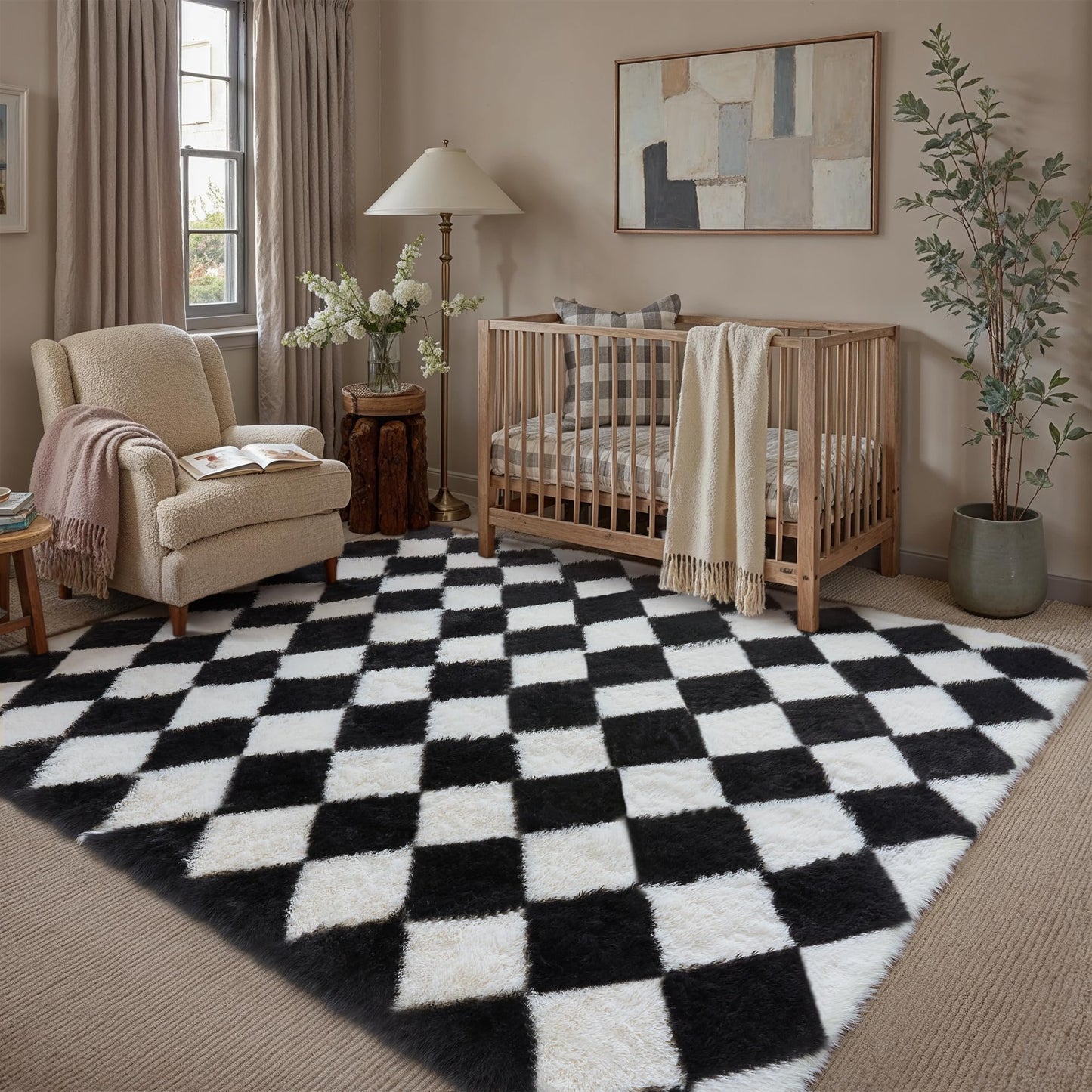 PureCozy 5x8 Black and White Checkered Rugs for Living Room Soft Modern Fluffy Shag Area Rug Washable Fuzzy Carpets Thickened Felt Bedroom Plaid Tapis Salon Plush Rug Nursery Home Dorm Aesthetic Decor