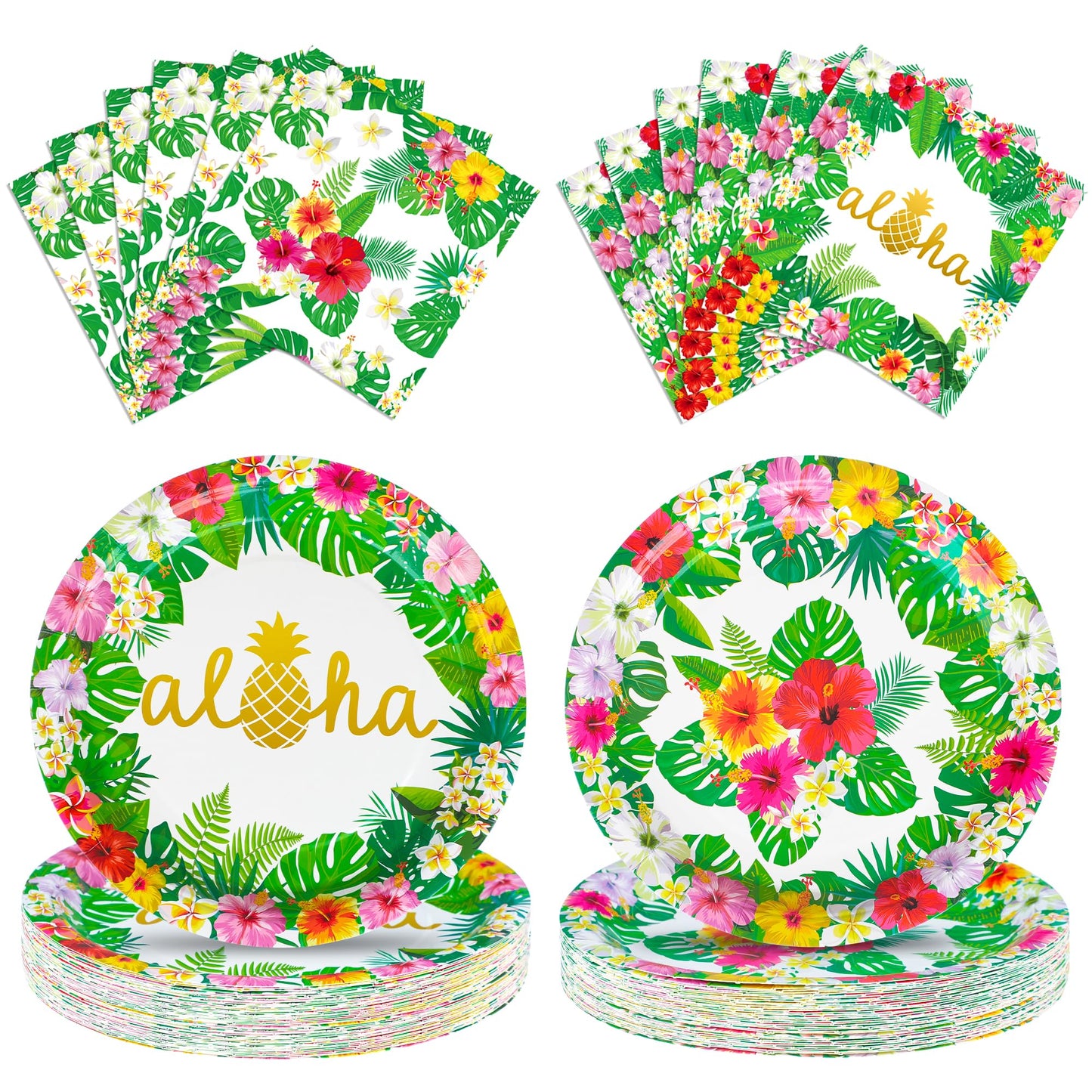 100 Pcs Hawaiian Paper Napkins Plates Tropical Luau Party Supplies 9 Inch Disposable Plates and Party Napkins Tropical Palm Leaf and Hibiscus Aloha Summer Party Tableware Set, Serve for 25 Guests
