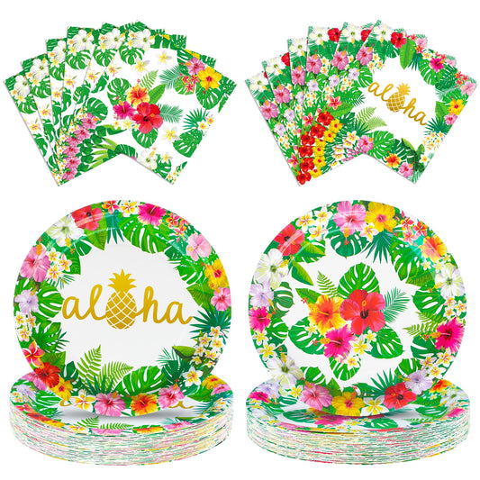 100 Pcs Hawaiian Paper Napkins Plates Tropical Luau Party Supplies 9 Inch Disposable Plates and Party Napkins Tropical Palm Leaf and Hibiscus Aloha Summer Party Tableware Set, Serve for 25 Guests