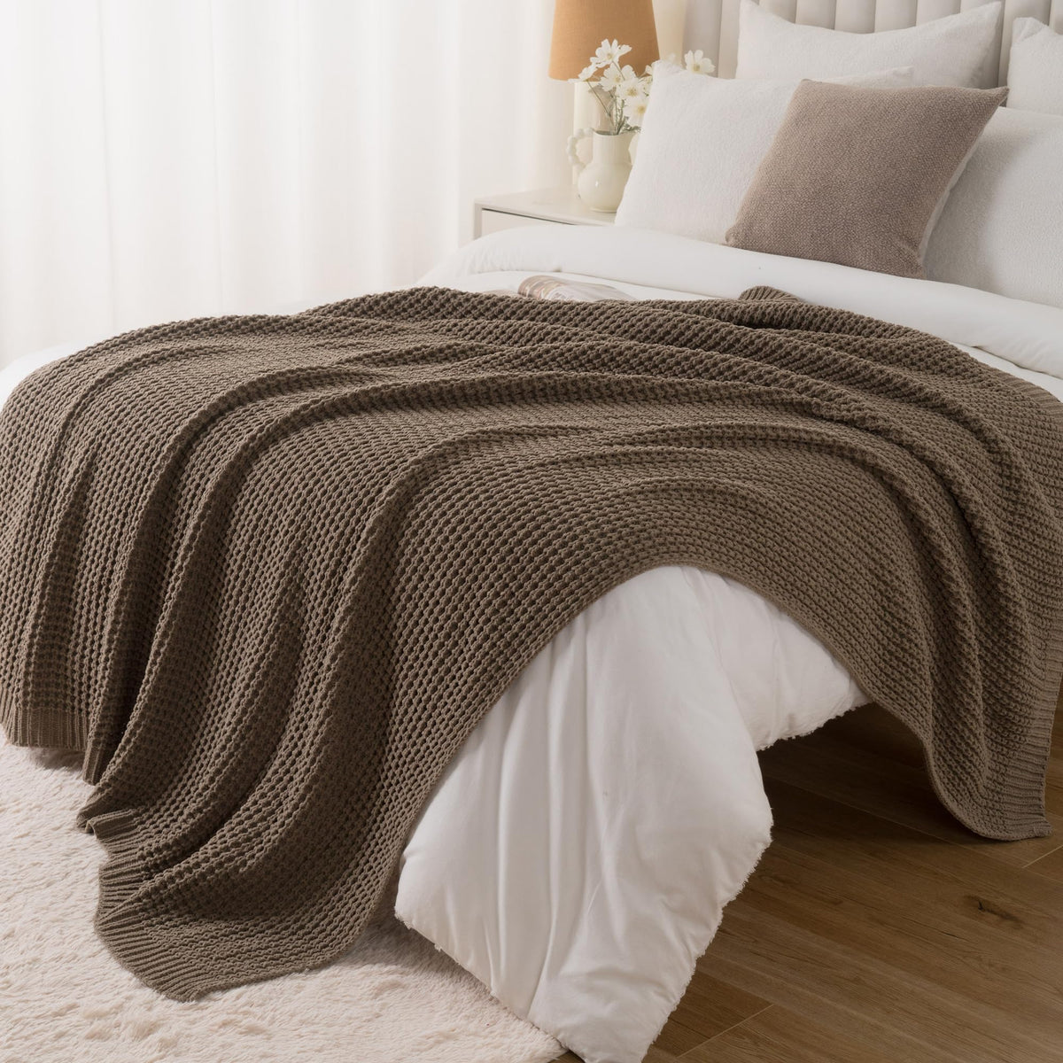 Bunnikins & Clover Knitted Waffle Throw Blanket 50x60 Inches, Camel Tan Throw Blanket for Couch, Tan Blanket Fluffy Cozy Knit Soft Throws for Women Mothers Birthday Gifts