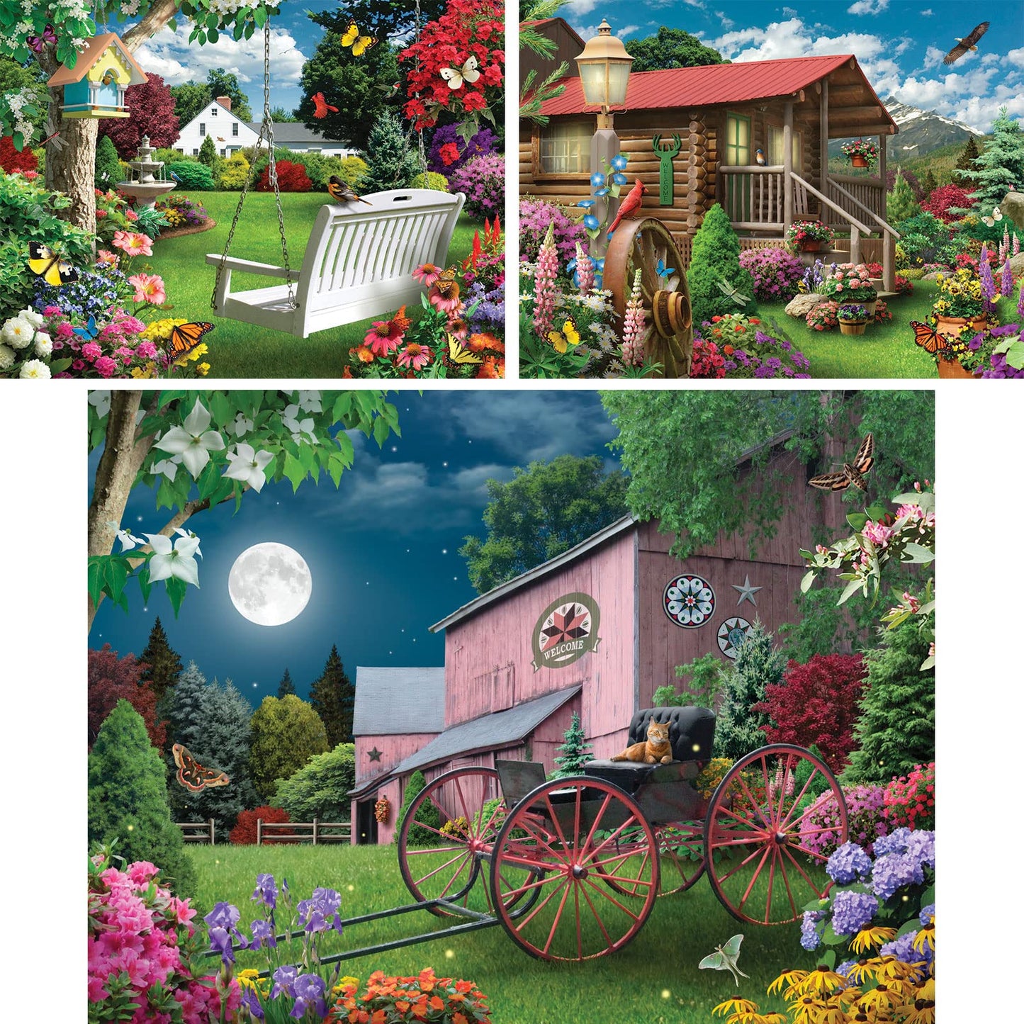 Bits and Pieces - Value Set of (3) 300 Piece Jigsaw Puzzles for Adults - Each Puzzle Measures 41cm x 51cm - 300 pc Blooming Back Yard, Nature Haven, Serene Summer Night Jigsaws by Artist Alan Giana