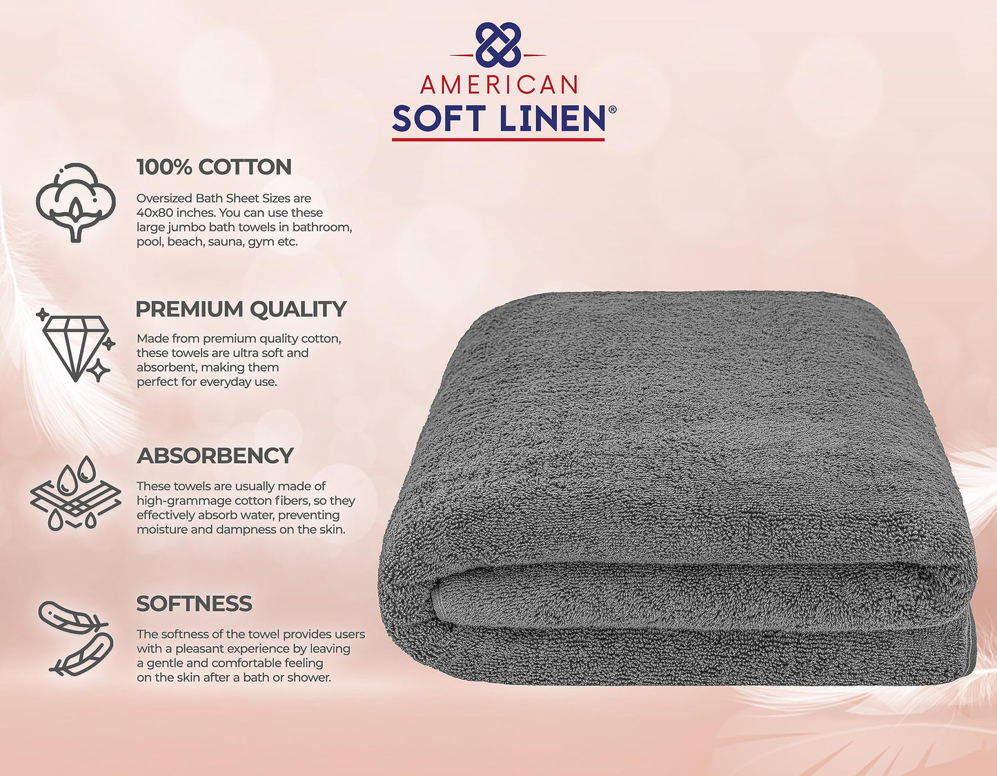 American Soft Linen Oversized Bath Sheet 40x80, Jumbo Large Bath Towels for Bathroom, 100% Ringspun Cotton Bath Sheet for Adults, Bath Sheets Towels, Gray Bath Sheet