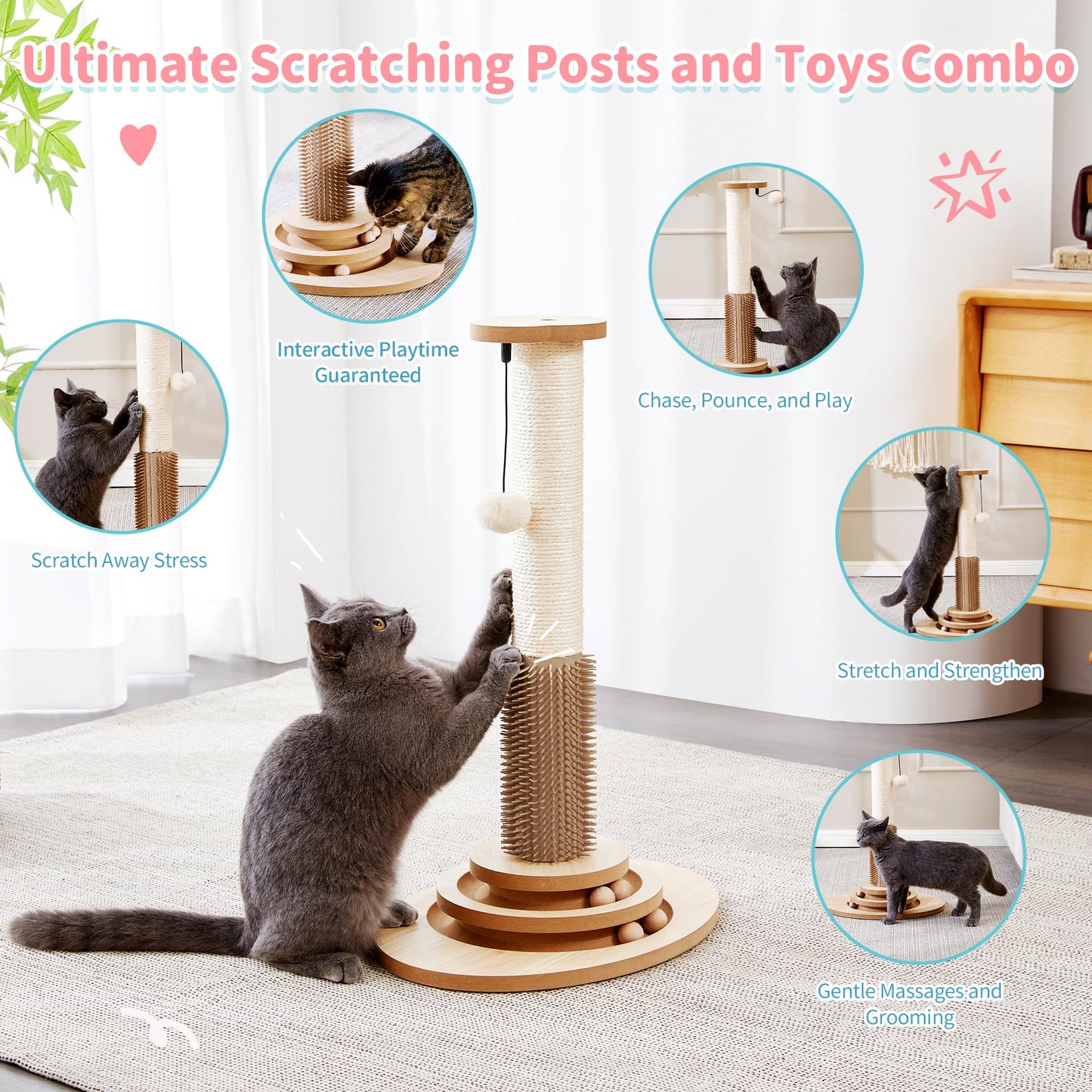 Made4Pets Wooden Cat Scratching Post with Interactive Toys & Brush Scratching Post for Indoor Cats/Kitten Toys 23" Tall Cat Scratcher with Dangling Plush Balls Modern for Medium/Small Cats