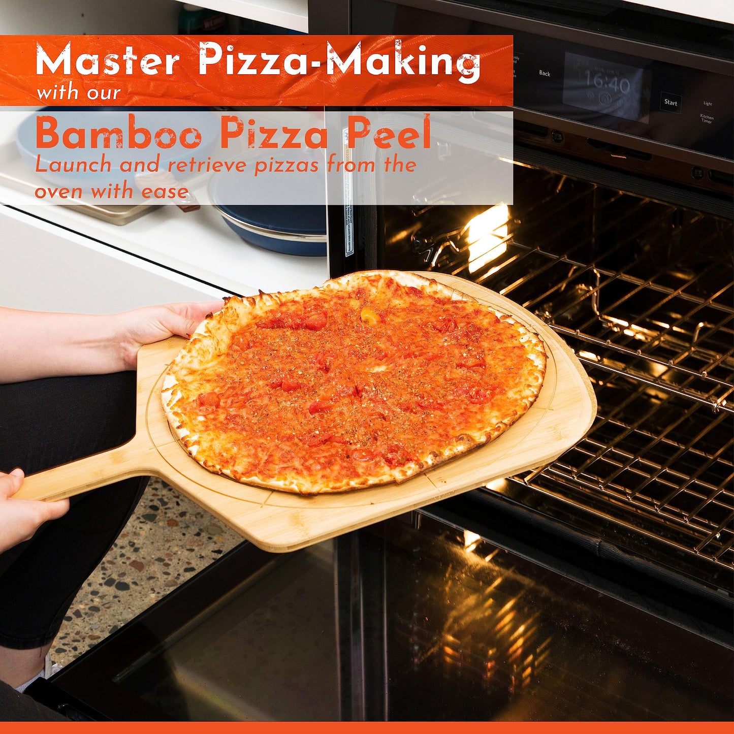 Loftern 16-Inch Bamboo Wood Pizza Peel - Multi-Purpose Bamboo Pizza Cutting Board, Wood Pizza Peel, Pizza Spatula Paddle, and Serving Board with Size and Cutting Guide