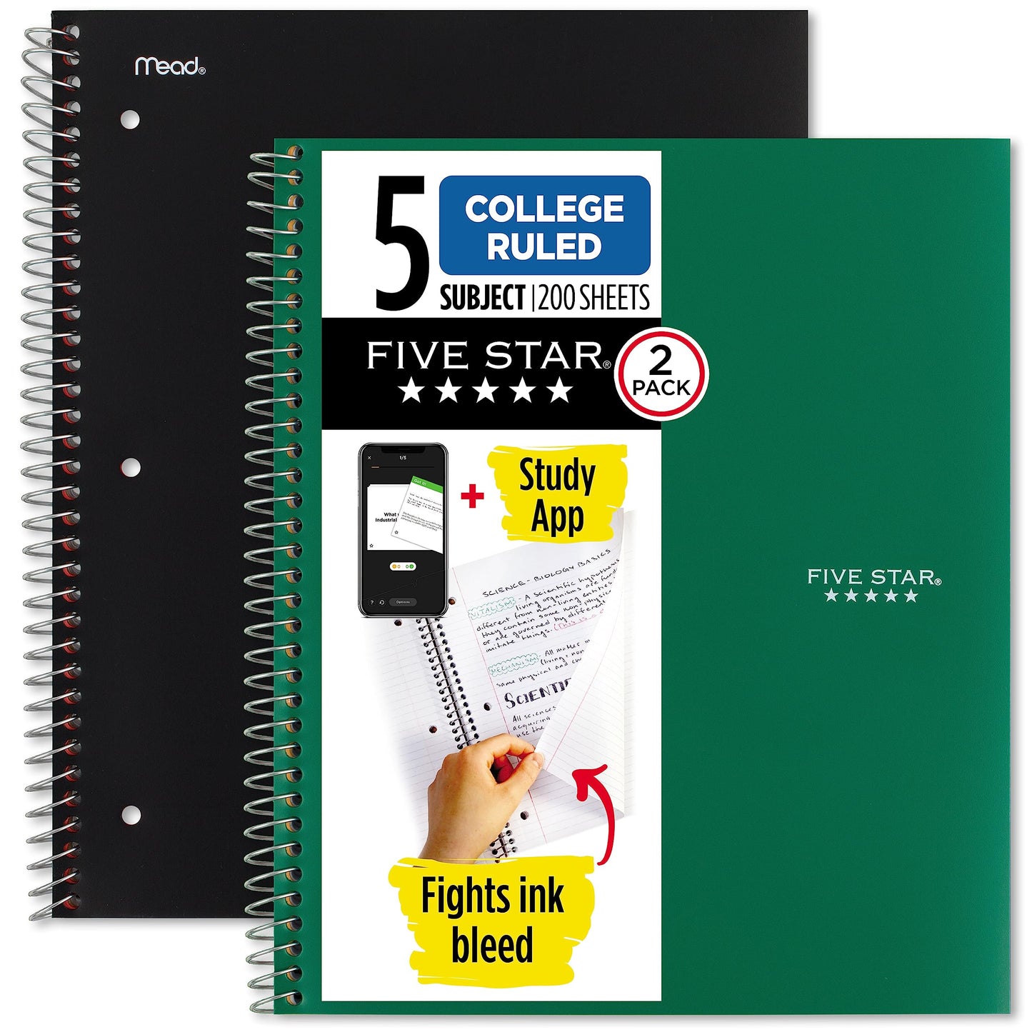 Five Star Spiral Notebook + Study App, 5 Subject, College Ruled Paper, 11" x 8-1/2", 200 Sheets, Black & Forest Green, 2 Pack (820190)