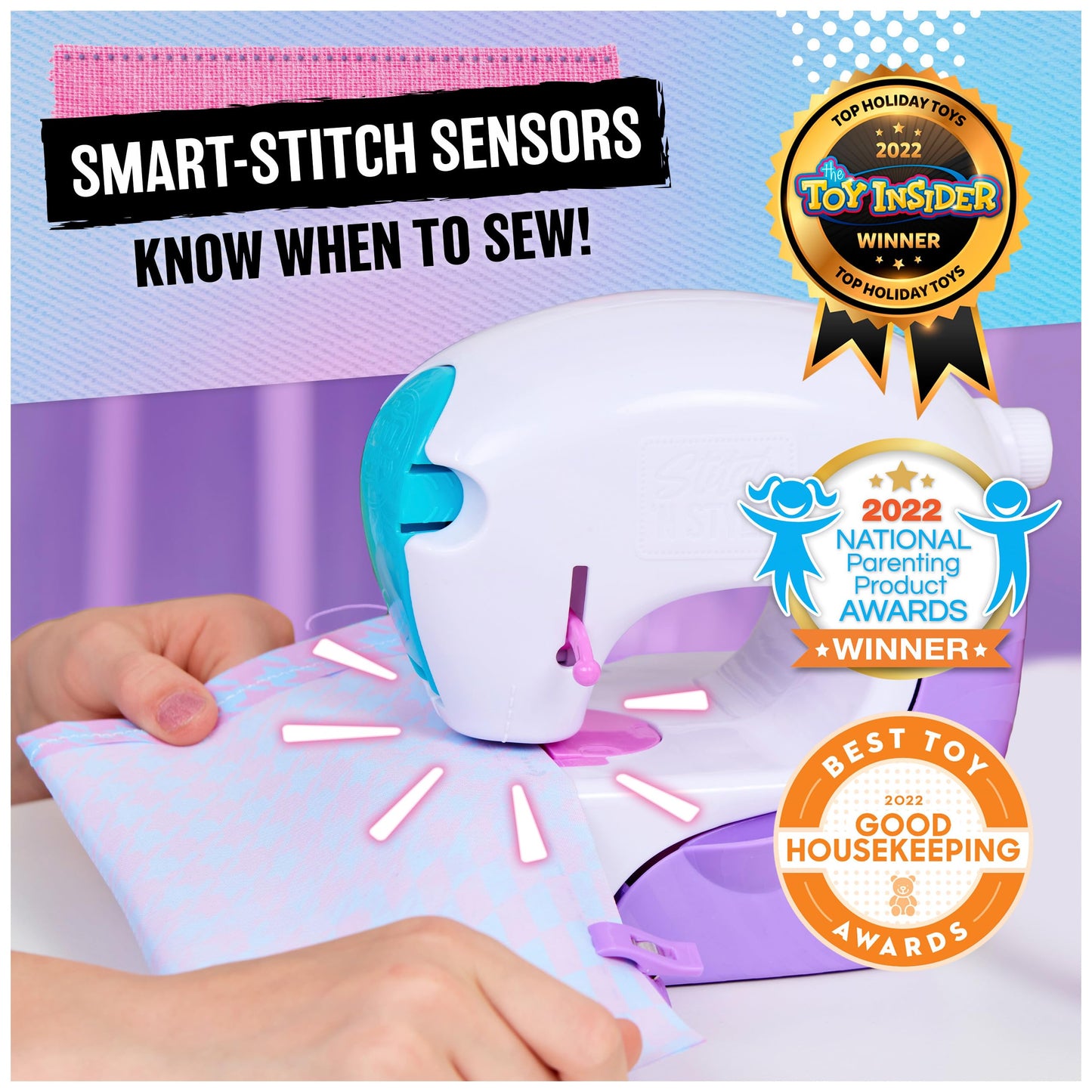 Cool Maker, Stitch ‘N Style Fashion Studio, Pre-Threaded Sewing Machine Toy with Fabric and Water Transfer Prints, Arts & Crafts Kids Toys for Girls