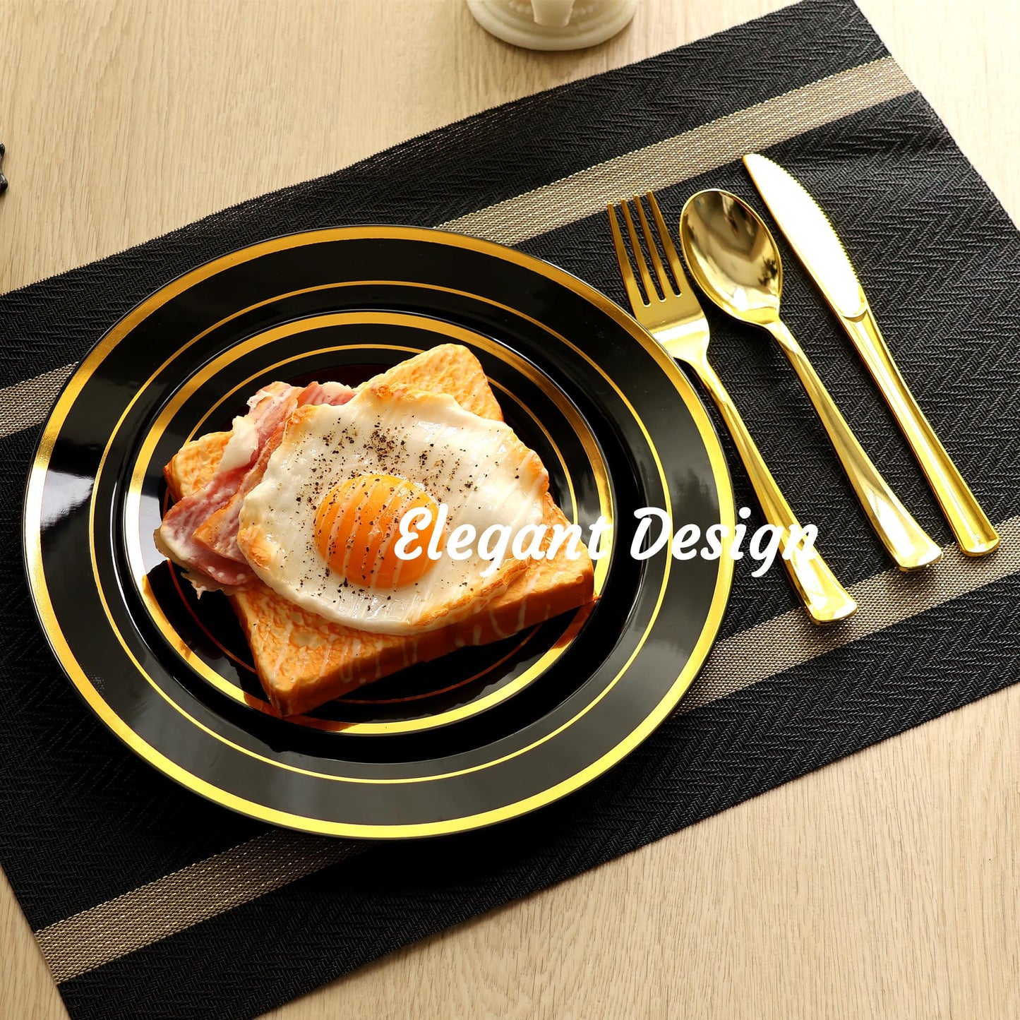 ROCOHANTI 100 PCS Black and Gold Plastic Plates, Disposable Party Black Plates Include 50 Dinner Plate and 50 Dessert Plate Perfect for Holiday, Birthday, Graduation, Wedding & Party