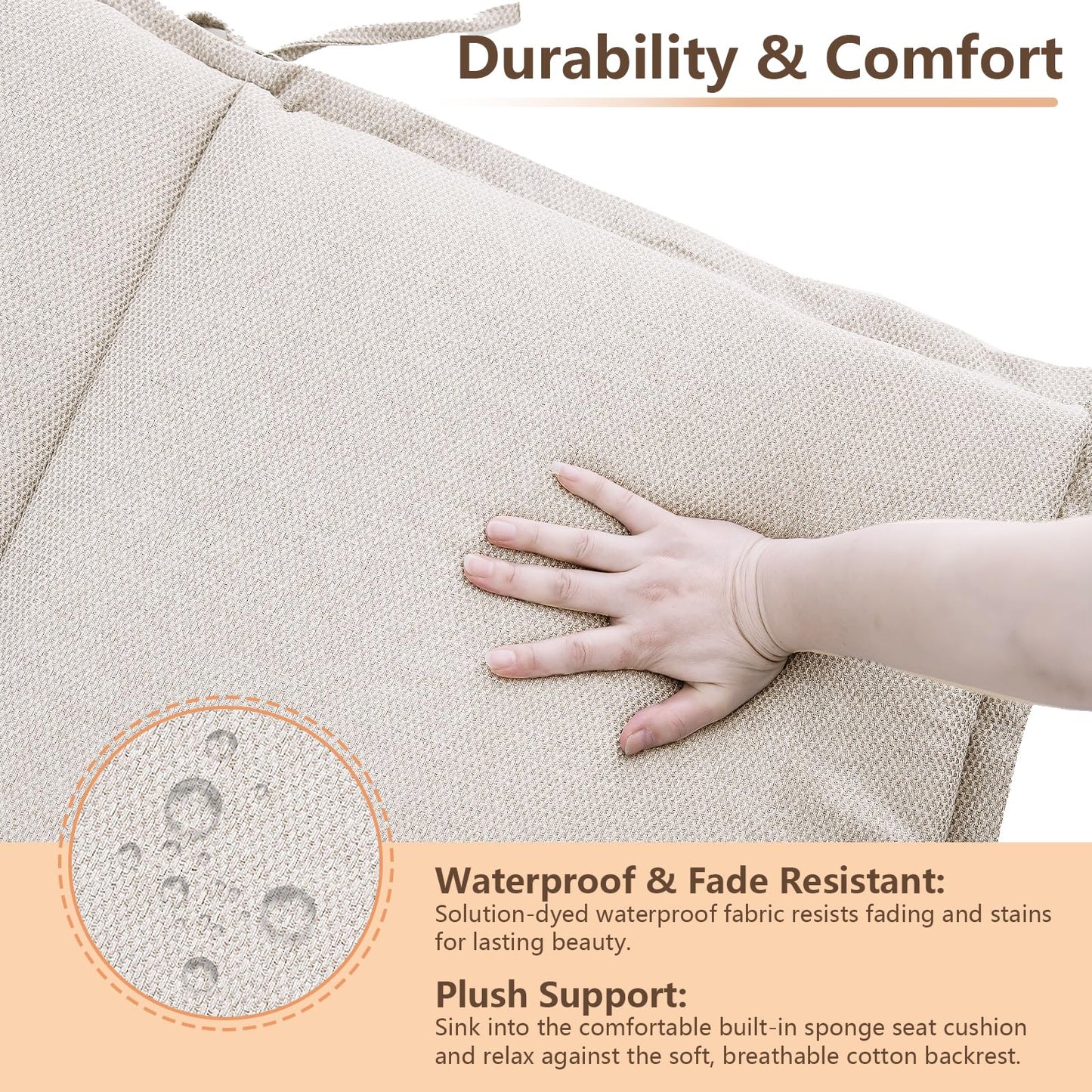C-Hopetree Indoor High Back Rocking Chair Cushions for Glider and Swivel Rocker, Outdoor Replacement Highback Dining Seat Pads with Back Elastic and Ties, 18" x 42" x 1.5", Beige, Set of 2