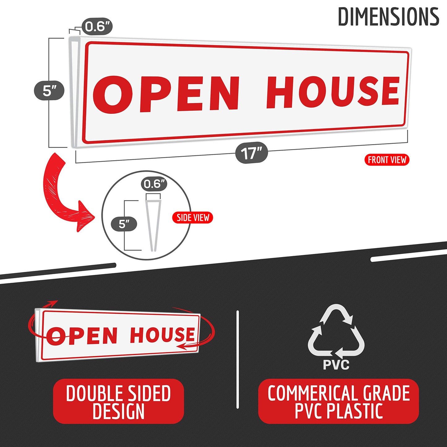 6 Pack Real Estate Sign Riders Sleeves, 17" x 5" Double Sided PVC Plastic Signs - For Sale, Open House, Coming Soon, New Listing, Sales Pending - Real Estate Agent Supplies
