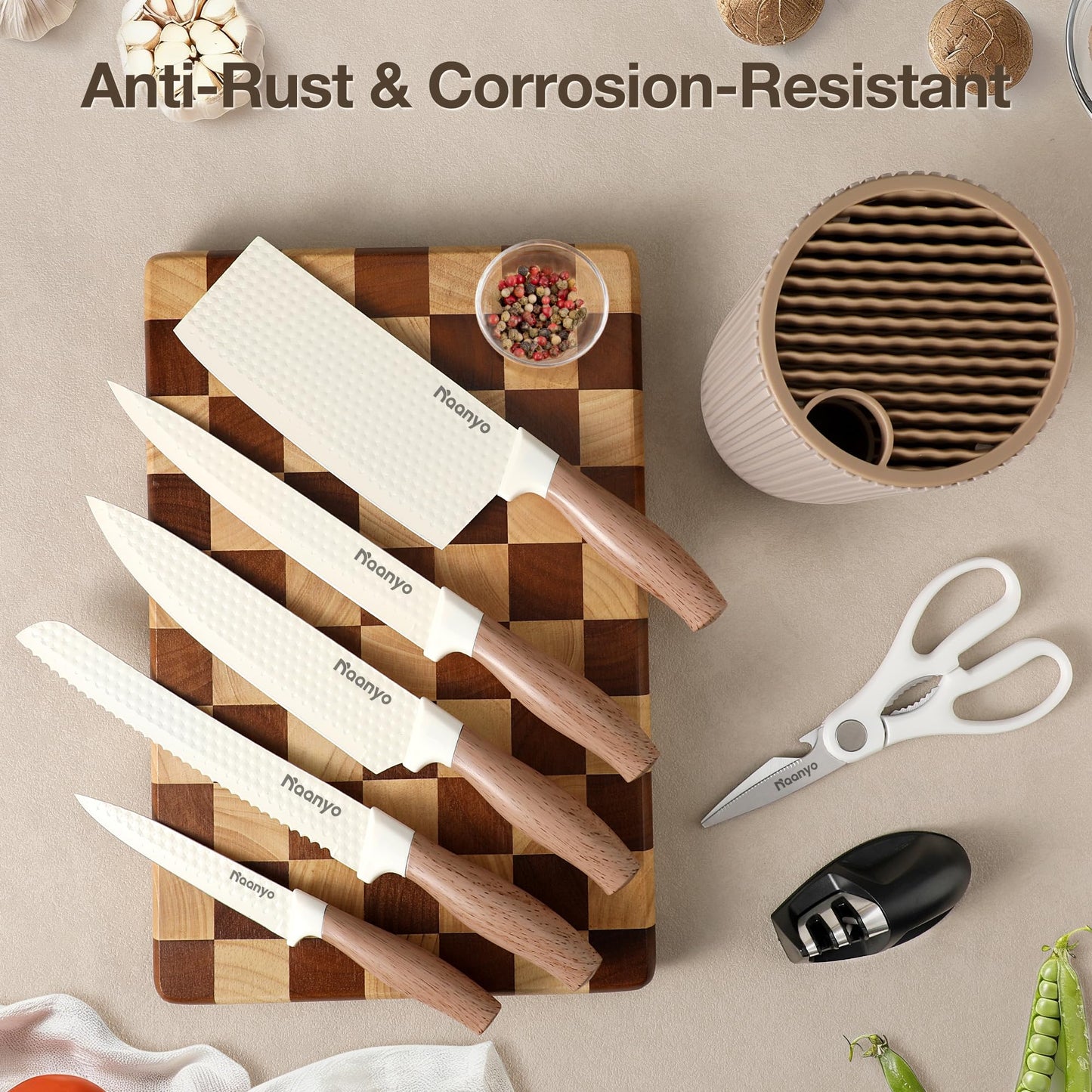 Naanyo 8-Piece Kitchen Knife Set with Sharpener, Universal Knife Block, Stainless Steel Blades, Ergonomic Design, Rust-Resistant, Home & Gift Essentials Chef Knives