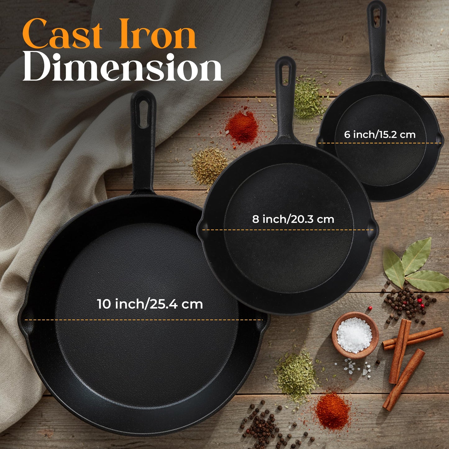 KICHLY Pre-Seasoned Cast Iron Skillet Set 3 Piece, 6 Inch, 8 Inch and 10 Inch Cast Iron Pan Cookware Set, Oven Safe Multi0-Cooker Skillet Cast Iron Frying Pan 3 Piece Set (Black)