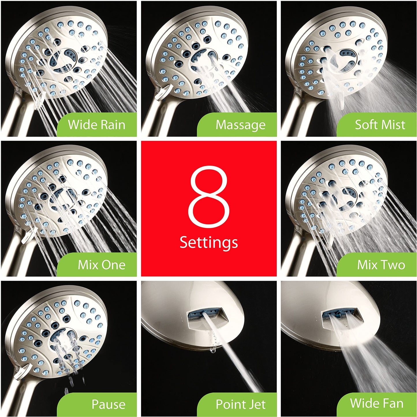 AquaCare As-Seen-On-TV High Pressure 48-setting Rain & Handheld 3-way Shower Head Combo - Anti-clog Nozzles/Tub, Tile & Pet Power Wash/Extra Long 6 ft. Stainless Steel Hose/Satin Nickel Finish