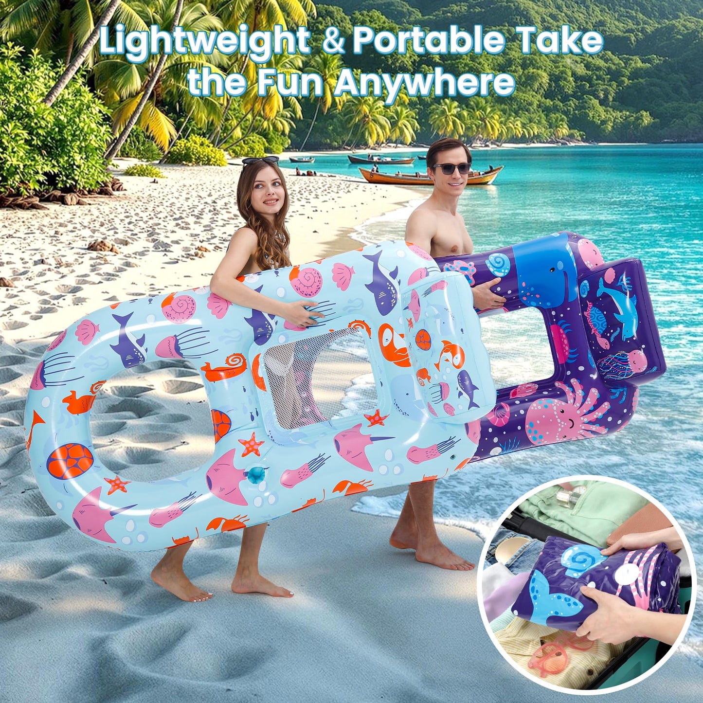 PuppyuWill 2 Pack Pool Floaties for Adults,Inflatable Pool Lounger Float Heavy Duty with Cup Holder, Backrest & Footrest Pool Lounge Float Extra Large Pool Rafts for Adults Beach Lake Party