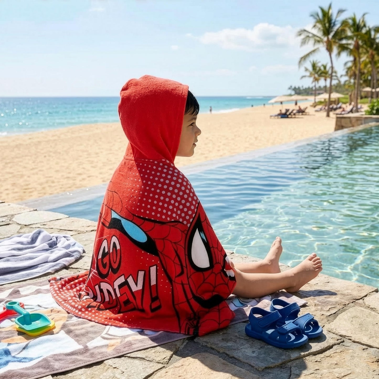 Marvel Spiderman Boys Beach Towel, Wearable Pool Swimming Towel, Wrap Hooded Towels for Kids, Kids Bath Towels, Red One Size