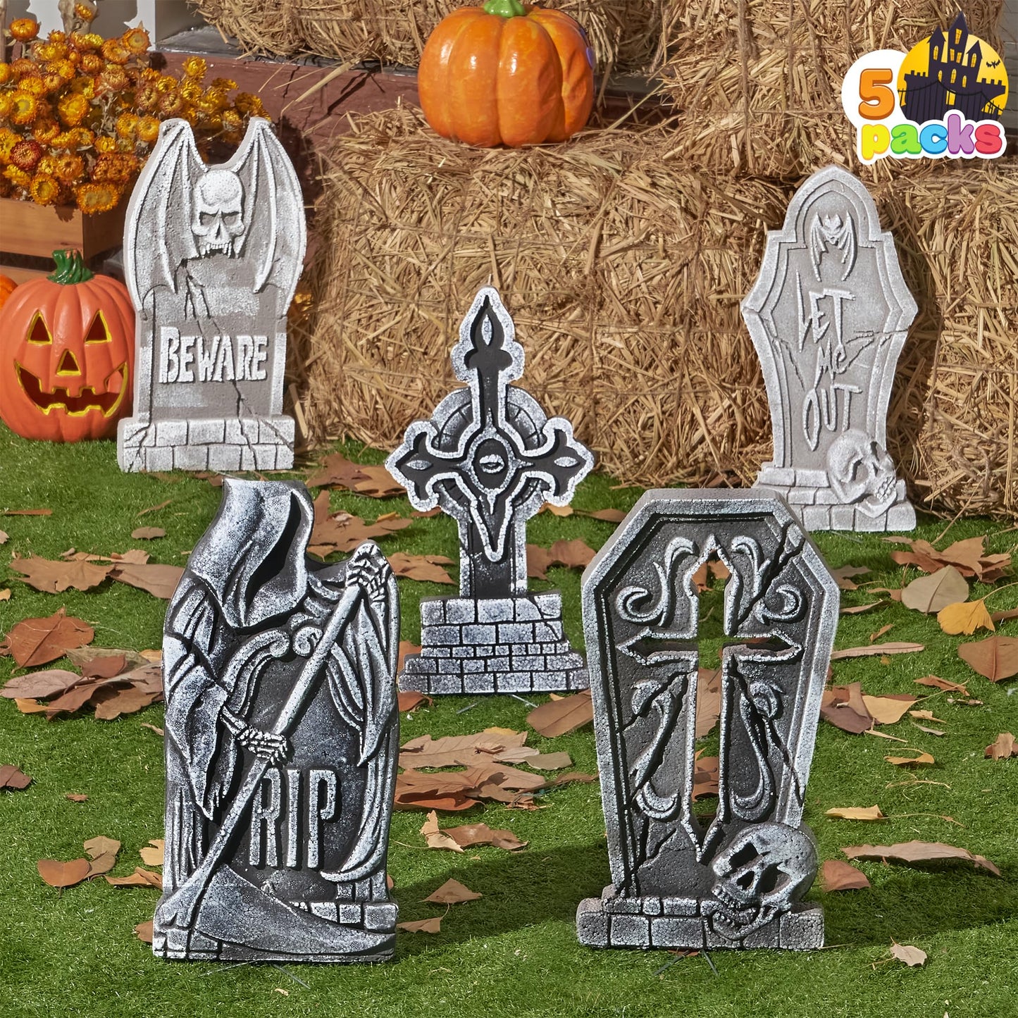 JOYIN 17" Halloween Decorations Outdoor Tombstones, 5 Pack Halloween Graveyard Foam Headstones Decor with 12 Metal Stakes for Prop Cemetery Yard Lawn Decorations, Party Supplies