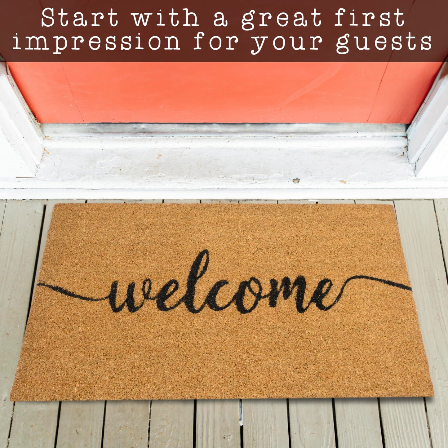 Outdoor Welcome Mat 30x17 Inch Script, Welcome Doormat for Covered Outdoor Area, Coir Door Mat w/Non-Slip PVC Backing