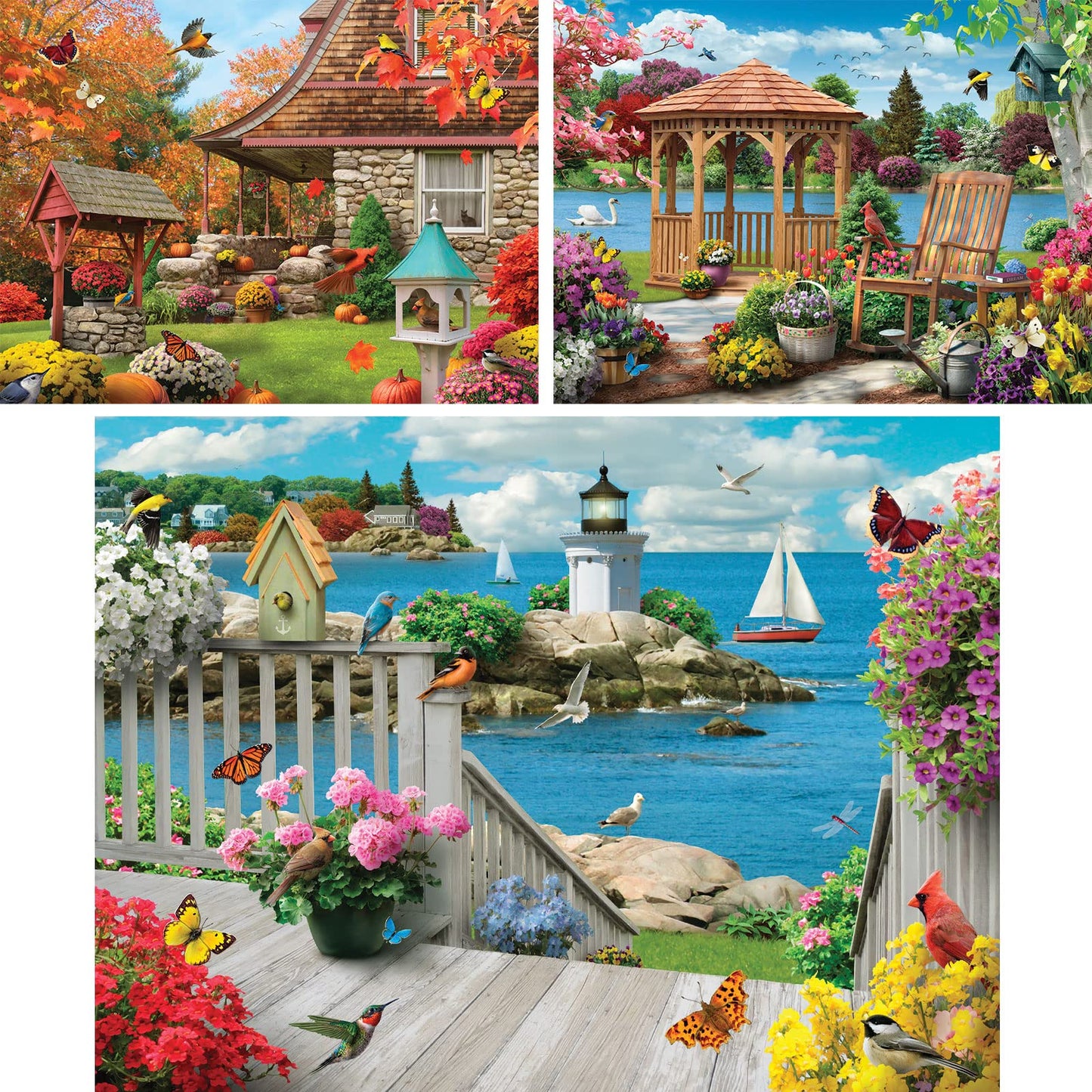 Bits and Pieces – Value Set of Three 500 Piece Jigsaw Puzzles for Adults – Autumn Well Wishes, Seacost Serenity, Floral Fantasy Jigsaw Puzzles by Artist Alan Giana, Completed Puzzle Size: 18" x 24"