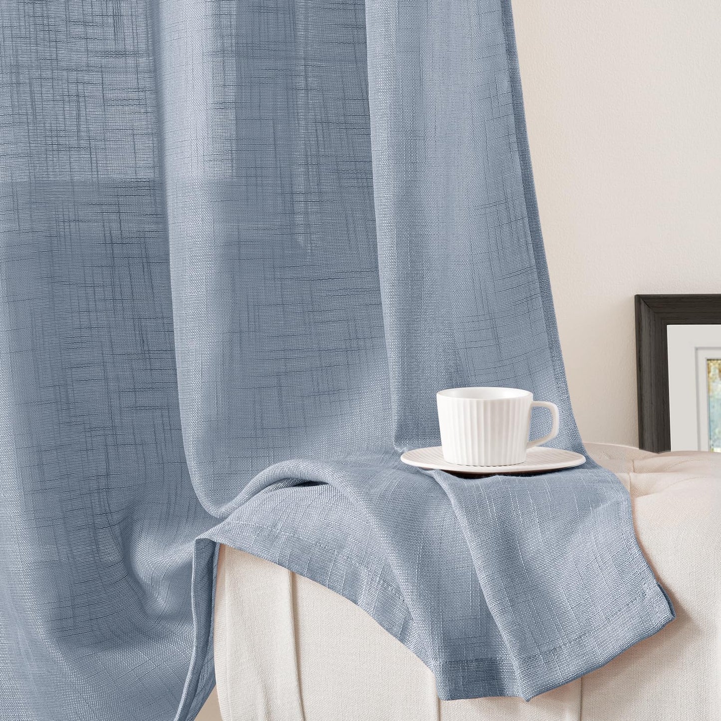 HOMEIDEAS Stone Blue Linen Textured Sheer Curtains, 84 Inches Long 2 Panels Semi Sheer Curtains Farmhouse Window Drapes for Bedroom Living Room, 2 Panels, W52 x L84