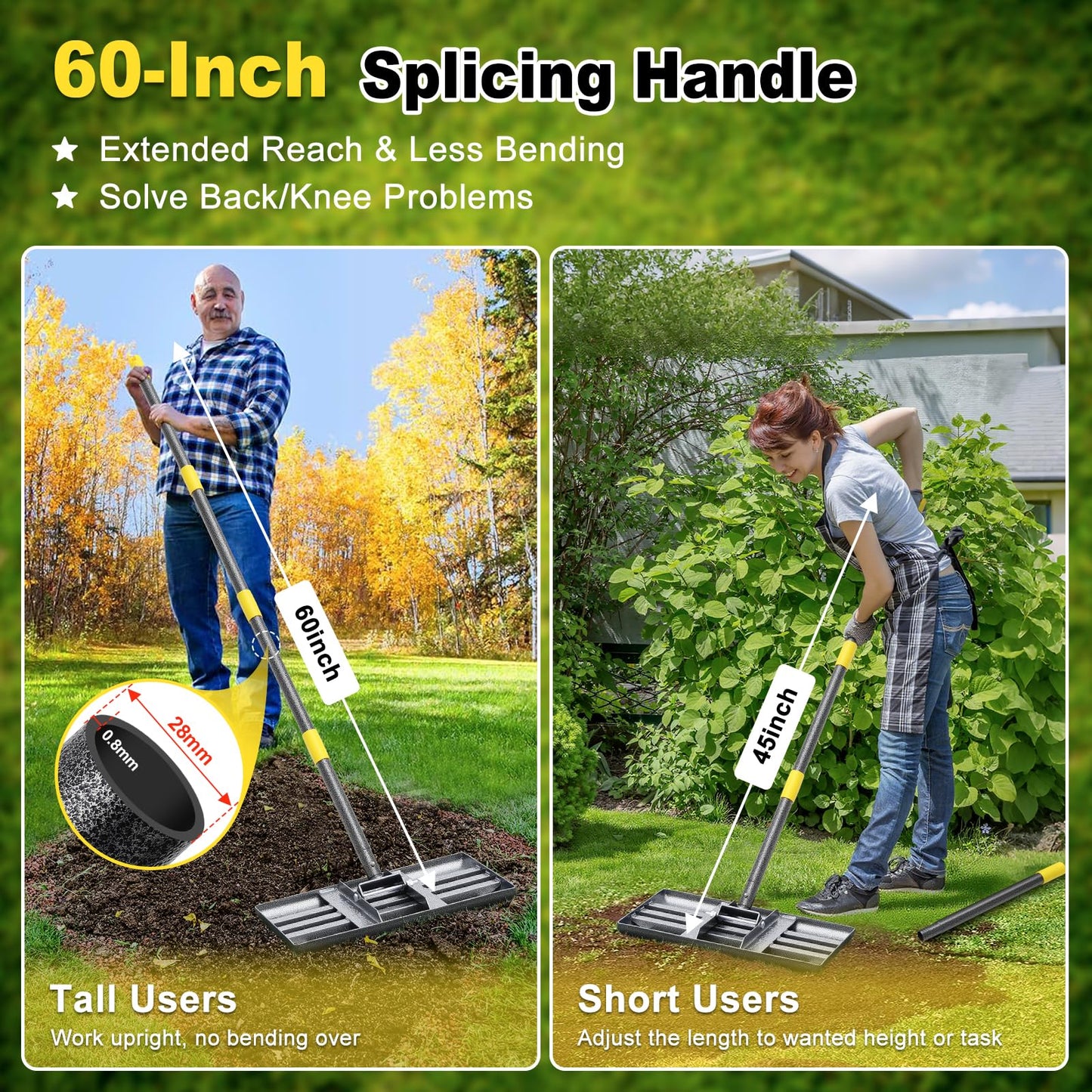 Lawn Leveling Rake: Anti Flipping 17" x 10" Stainless Steel Lawn Ground Leveler for Soil, Heavy Duty Grass Top Soil Dressing Leveling Rake, Home Lawn,Golf Field,Yard Landscaping Tool, 5ft Long Handle