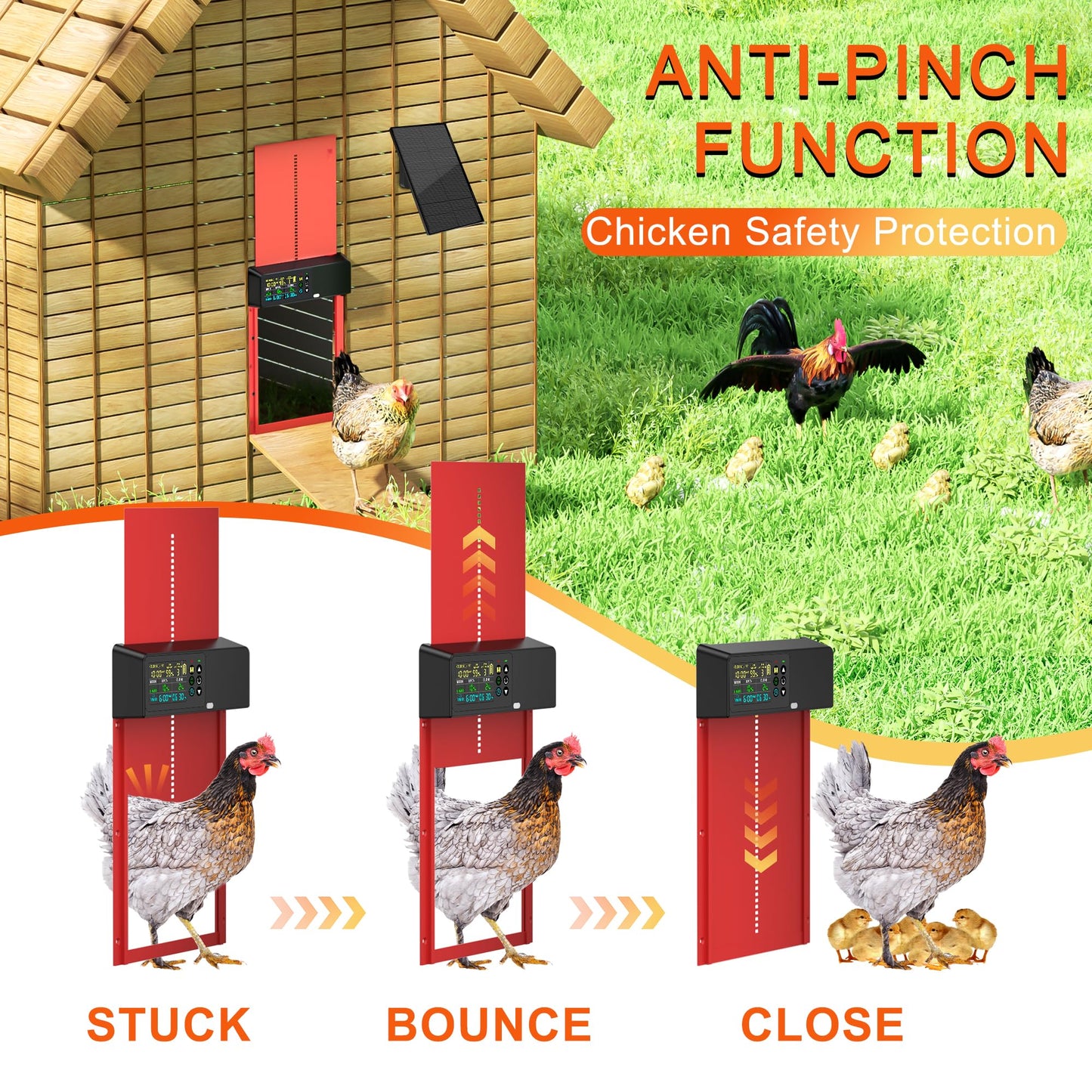 ZenxyHoC Automatic Chicken Coop Door Solar Powered with Remote Control, Aluminum Chicken Door with Programmable LCD Display, 4 Operating Modes Controlled by Timer and Light Sensor