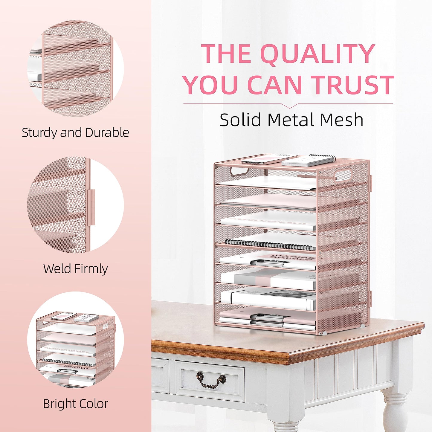 DALTACK 9-Tier Paper Letter Tray Desk Organizer with Handles, Mesh File Holder Organization, Paper Sorter Desk Organizer for Office Home School,Pink