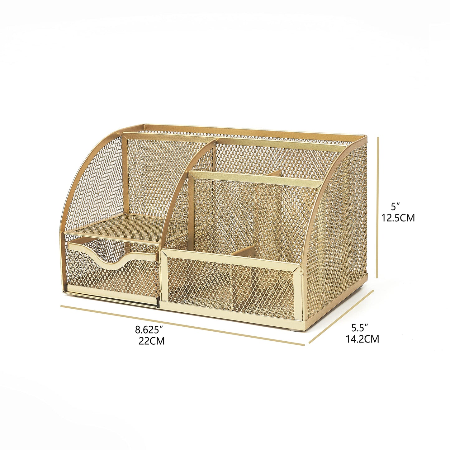 Annova Mesh Desk Organizer Office with 7 Compartments + Drawer/Desk Tidy Candy/Pen Holder/Multifunctional Organizer (gold)