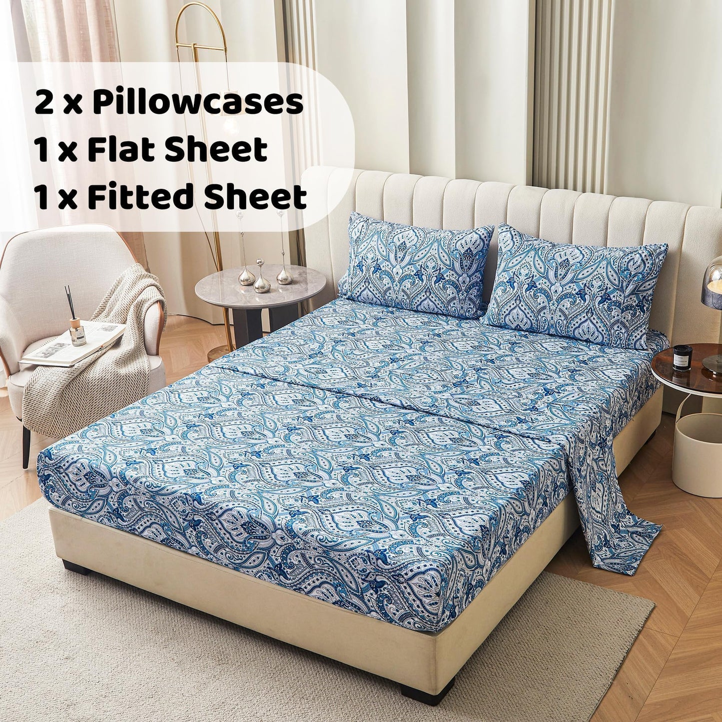 Blue Paisley Printed Bed Sheets Queen Size, Floral Sheet Set Queen, Brushed Microfiber Fitted Sheet with 15" Deep Pocket, Flower Sheet & Pillowcase Sets