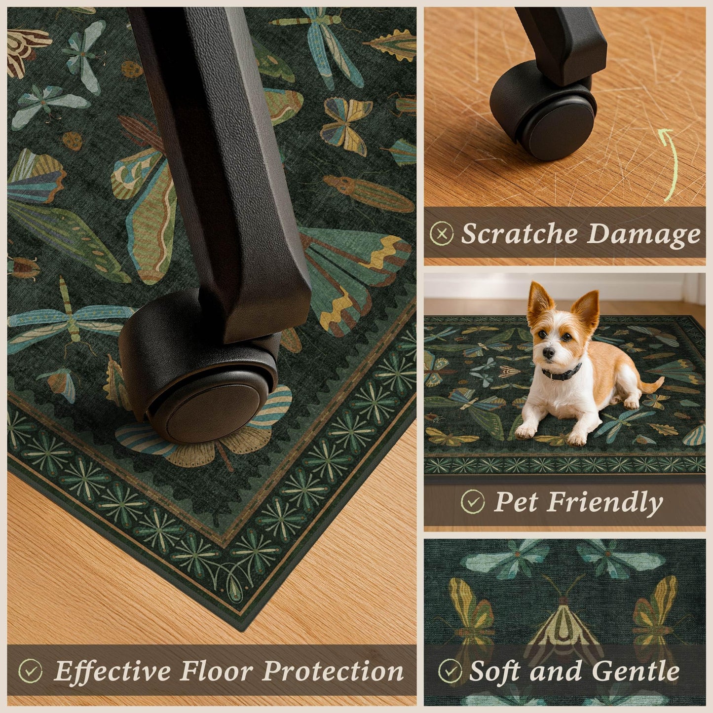 3'x4' Dark Green Office Chair Mat for Computer Gaming Chair, Slip-Resistant Heavy Duty Office Chair Rug, Hardwood & Tile Floor Protector, Washable Ultra Soft Low Pile Bug Rug