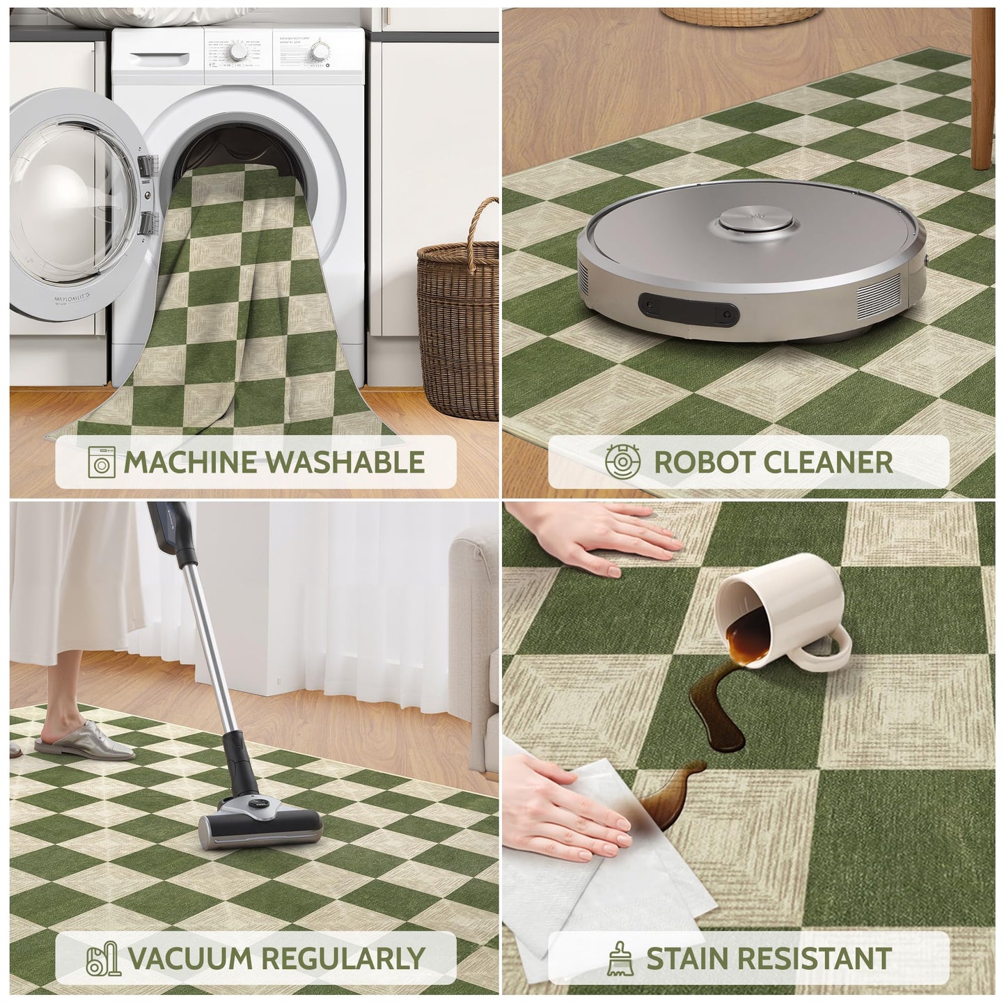 Kiginara Washable Green Checkered Rug 5x7, Non-Slip Low Pile Area Rug for Living Room, Bedroom, Nursery, Modern Neutral Farmhouse Checkerboard Carpet, Pet & Kid Friendly