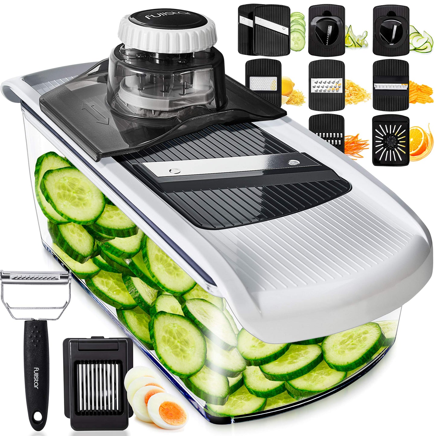 Fullstar Mandoline Slicer for Kitchen - Vegetable Slicer Spiralizer & Julienne Cutter for Veggie Cucumber Onion Potato Carrot - Cheese Grater - Kitchen Essentials Tools & Gadgets (PRO 11-in-1, White)