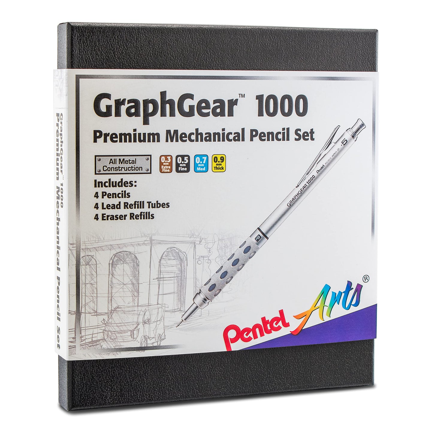 Pentel Arts GraphGear 1000 Premium Mechanical Drafting Pencil Set, Rectractable, For Students, Architects, Engineers, Artists, 4 Assorted Mechancical Pencils and Leads, Refill Erasers, Box Set