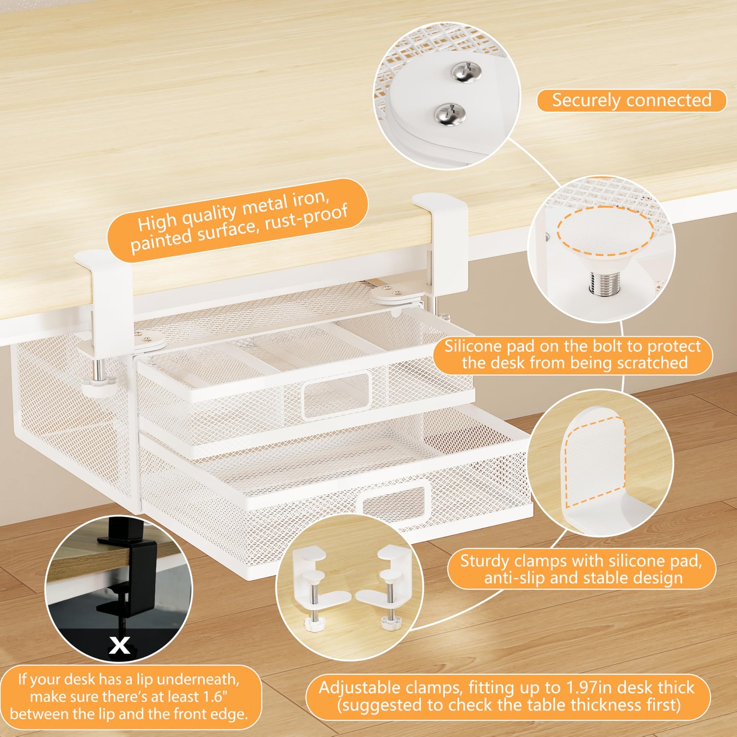 ROLIZOE Under Desk Drawer Organizer Clamp On with 2 Drawers Slide Out No Drilling Mesh Metal Drawer On Desktop Or Under Desk Storage Easy Install Anti-Slip Under Shelf Storage for Home Office, White