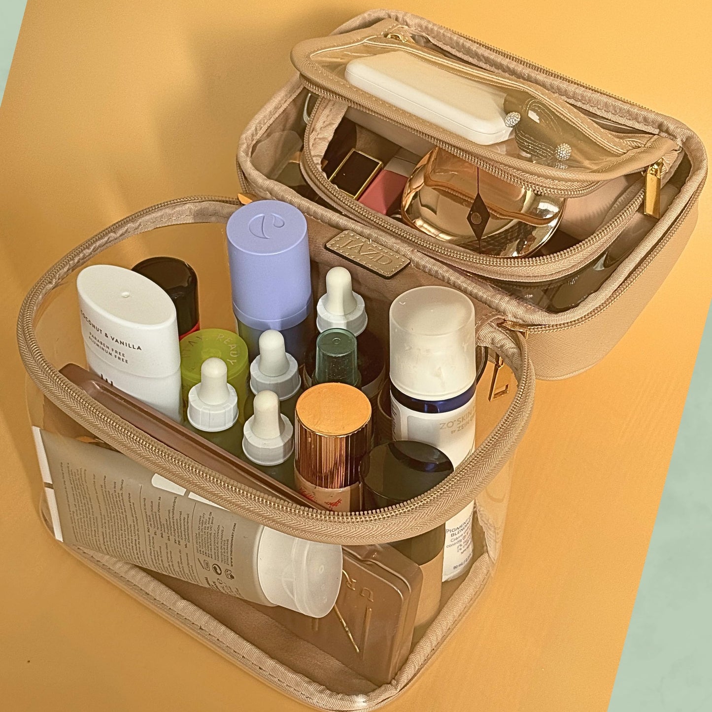 JAZD Clear Makeup Bag Toiletry Bag for Women Cosmetic Large Capacity Travel Make Up Bag Organizer Transparent Train Case TSA Approved, BEIGE, Tranparent Makeup Bag With Top Handle