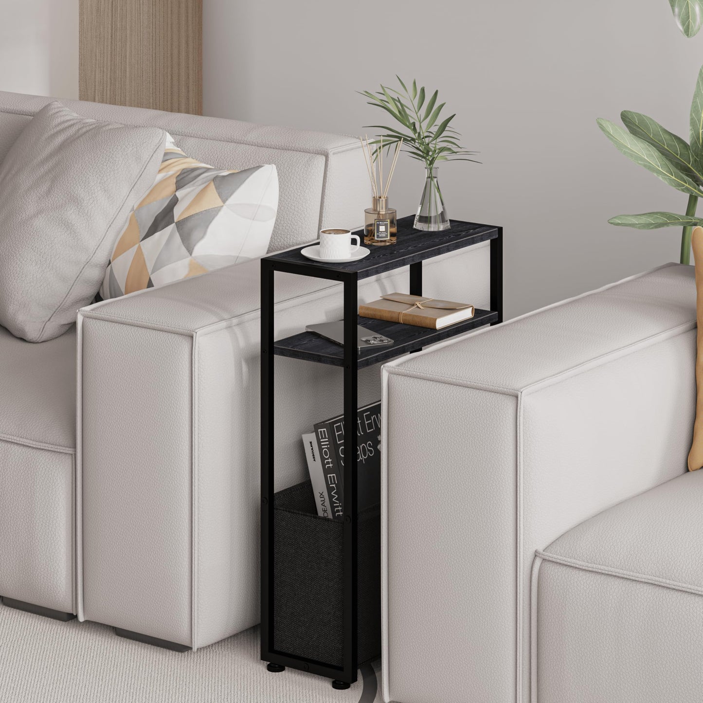 Leomonio Black Slim Side Table with Magazine Rack, Small Space-Friendly, Narrow Bedside Table for Living Room, Bedroom