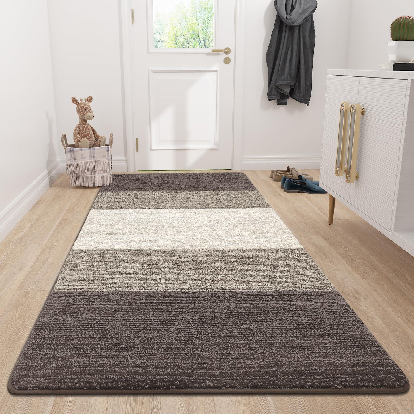 Grandaily Indoor Doormat, 35" x 59" Non-Slip Mud Trapper Absorbent Front Door Mats, Washable Striped Inside Entryway Mat, Low-Profile Welcome Mat Entrance Mat, Light Brown