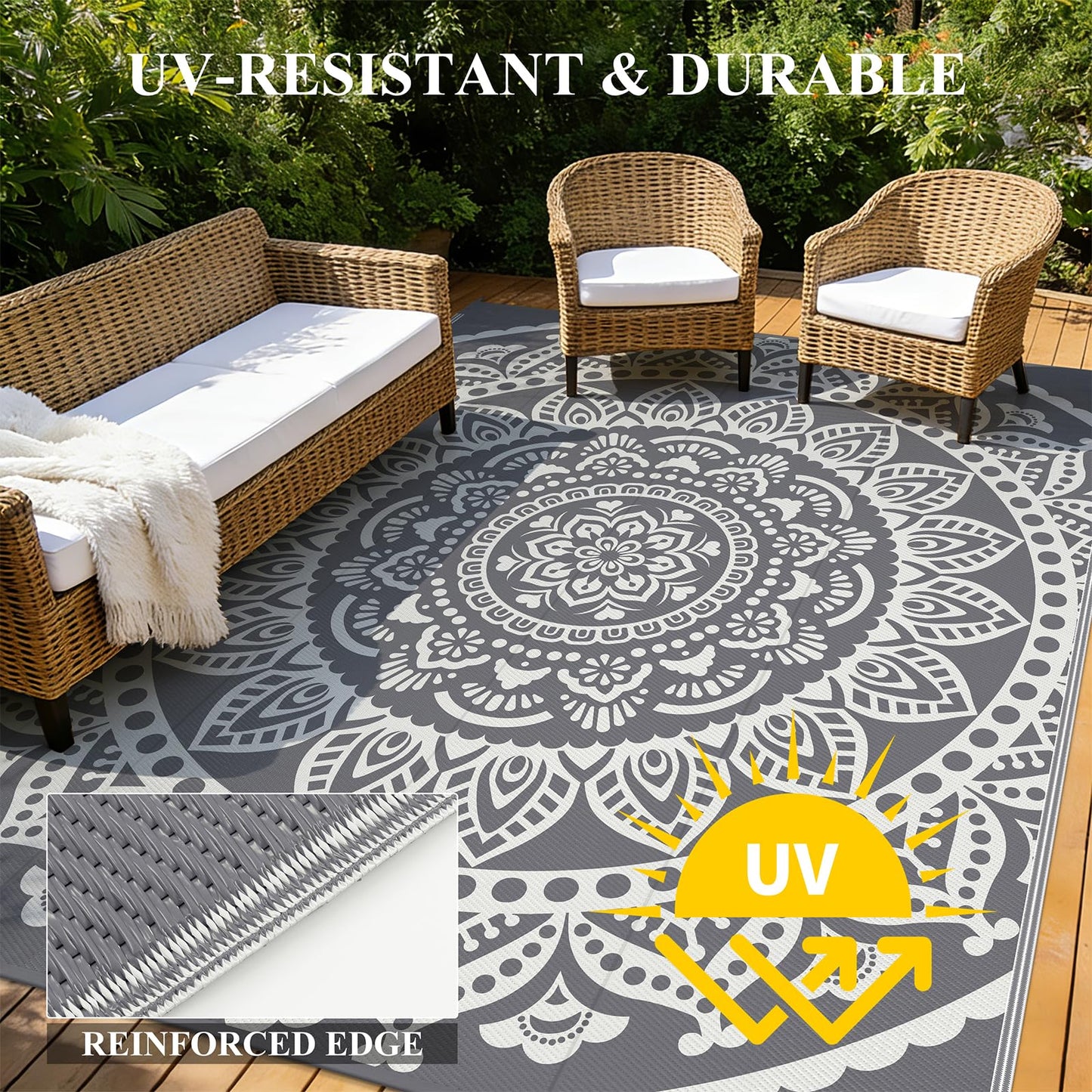 Bsmathom Waterproof Outdoor Rug 8'x10' Reversible Boho Plastic Straw Patio Deck Camping Rugs, Indoor Outdoor Portable RV Mat Clearance Carpet for Outside, Porch, Balcony, Backyard, Beach, Pool