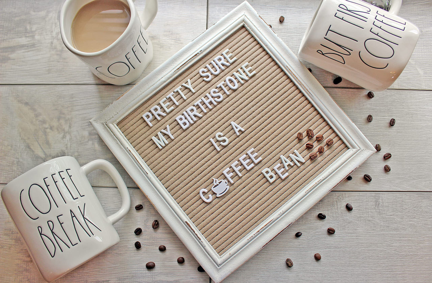 Cappuccino Felt Letter Board Back to School Sign with Rustic Wood White Frame - Farmhouse Letter Board Sign with Stand - Baby Announcement 10x10 Felt Board Changeable Message Board with 350 Letter Set