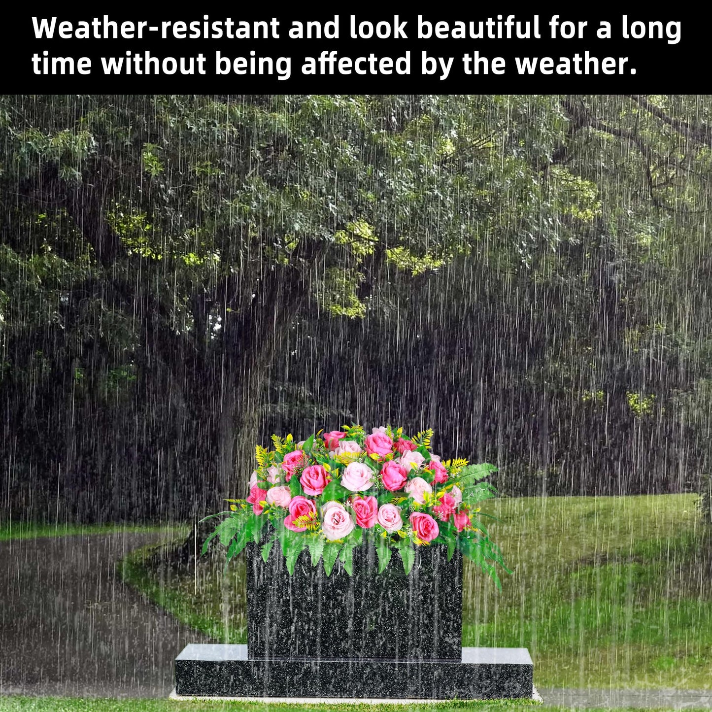 Lodou Artificial Cemetery Flowers, Artificial Silk Flower Arrangement,Artificial Rose Bouquet Grave Memorial Flowers with Headstone Flower Saddle for Graveyard Headstones Decoration (1, Pink and red)