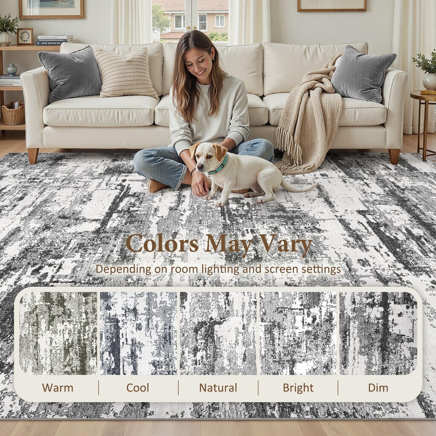 Area Rugs for Living Room: 5x7 Abstract Washable Rug Modern Neutral Large Soft Stain Resistant Non-Slip Backing Machine Table for Bedroom Dining Room Indoor Home Office Carpet - Black Grey