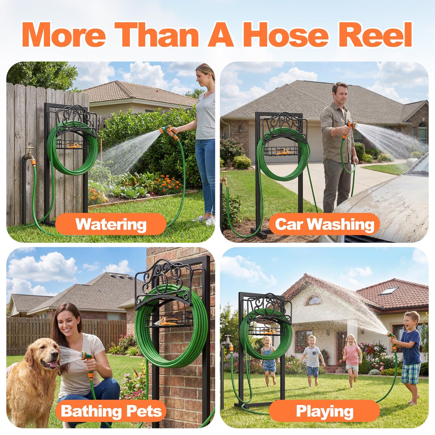 Garden Hose Holder, 2026 Upgraded Heavy Duty Water Hose Holder Stand with Storage Basket Holds 160ft, Freestanding Metal Garden Hose Reel Hanger Organzier Rack for Outdside Yard Lawn Farm, Black