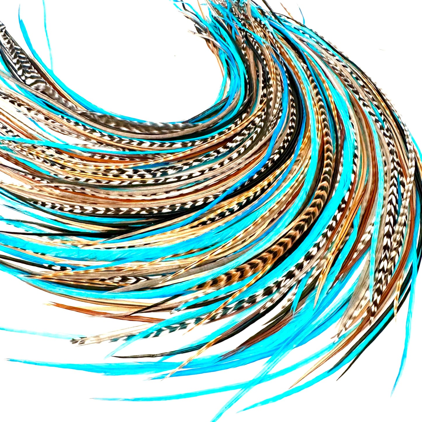 21 Natural & Turquoise Color Hair Extensions – 9”–14” Long – DIY Rooster Kit with 20 Micro-Link Beads – 100% Real Feathers – Eye-Catching Boho Style