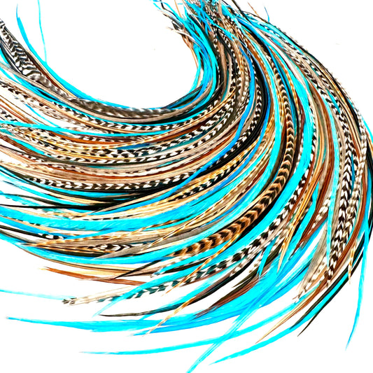 21 Natural & Turquoise Color Hair Extensions – 9”–14” Long – DIY Rooster Kit with 20 Micro-Link Beads – 100% Real Feathers – Eye-Catching Boho Style
